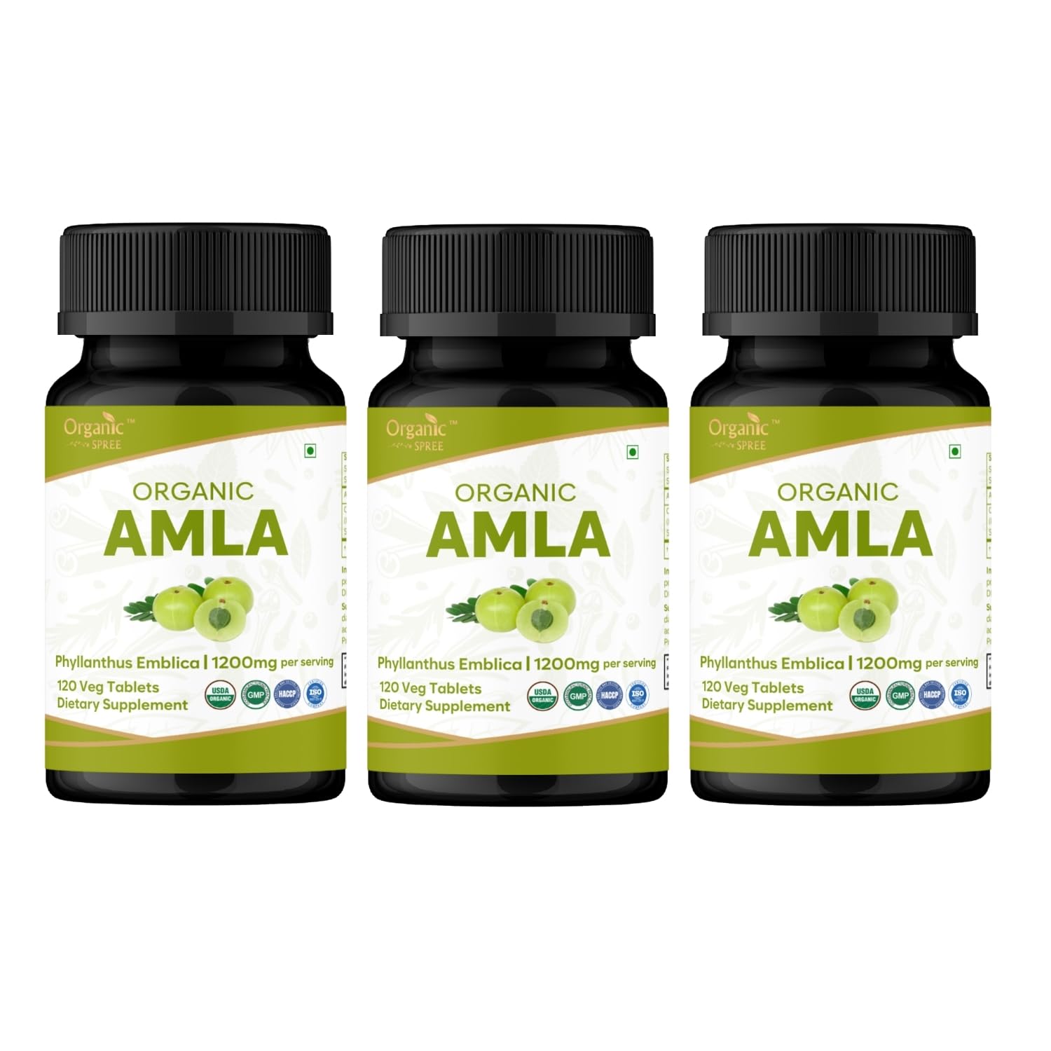 ORGANIC SPREE envase frontal de Amla mostrando tamaño y diseño, práctico para almacenamiento