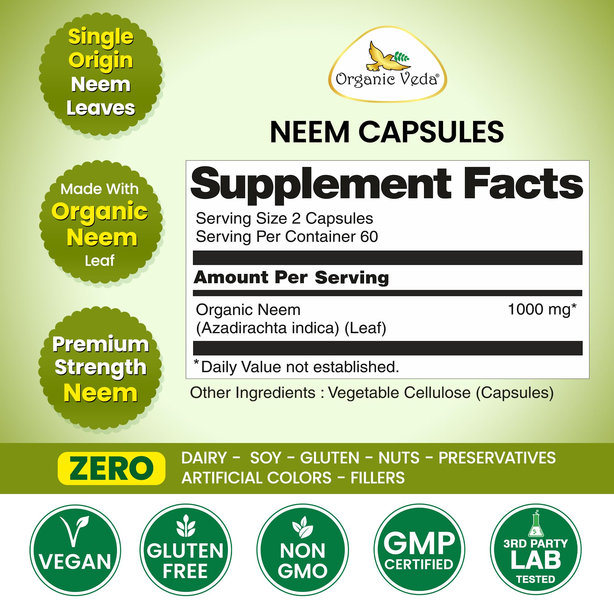 Detalle de cápsulas de neem Organic Veda resaltando textura pura