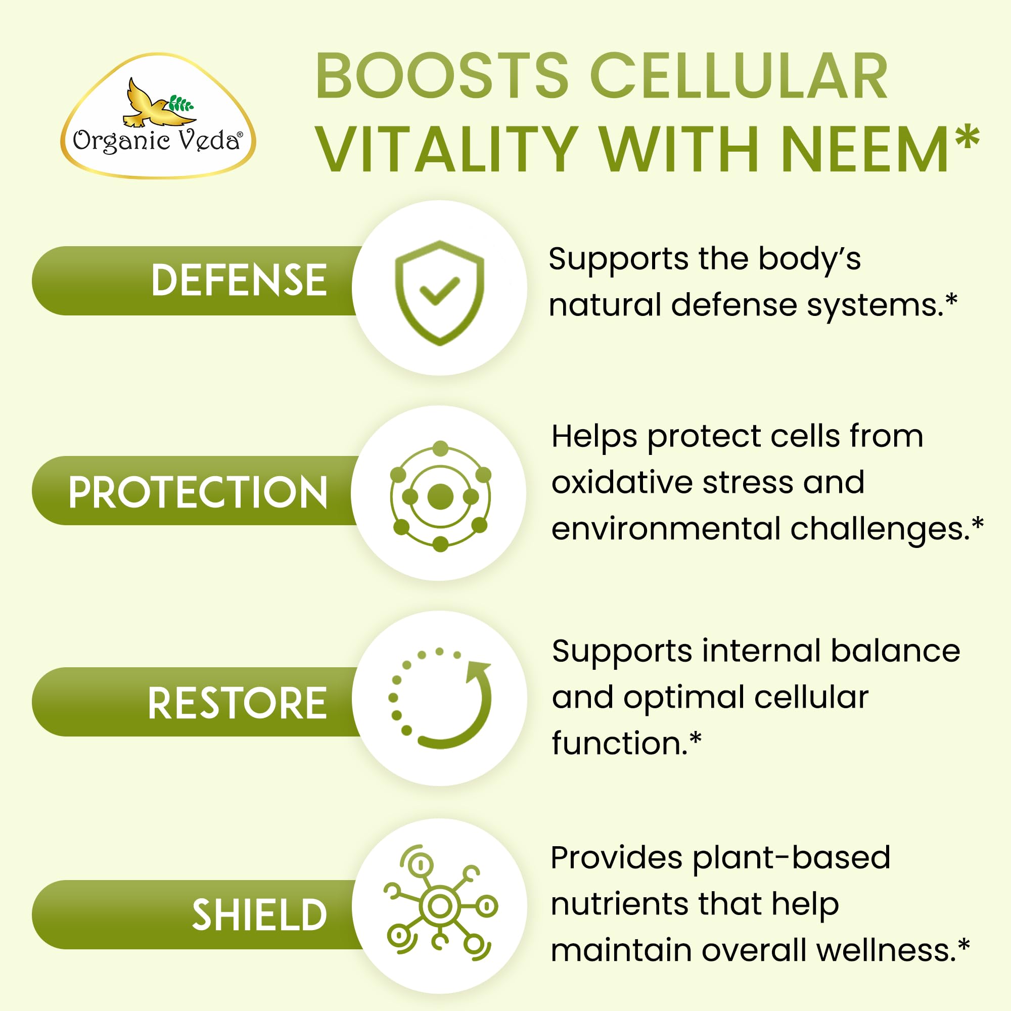 Hojas de neem frescas junto a cápsulas Organic Veda para origen natural