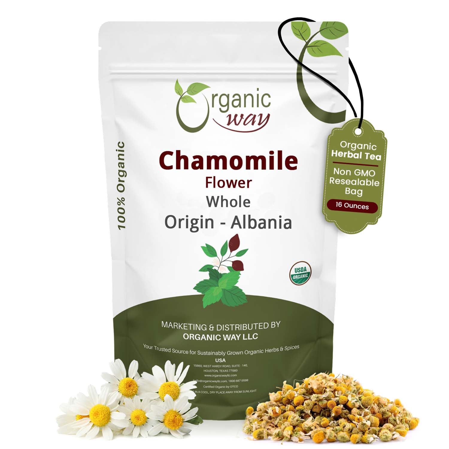 Organic Way paquete frontal mostrando manzanilla en flor y certificaciones visibles