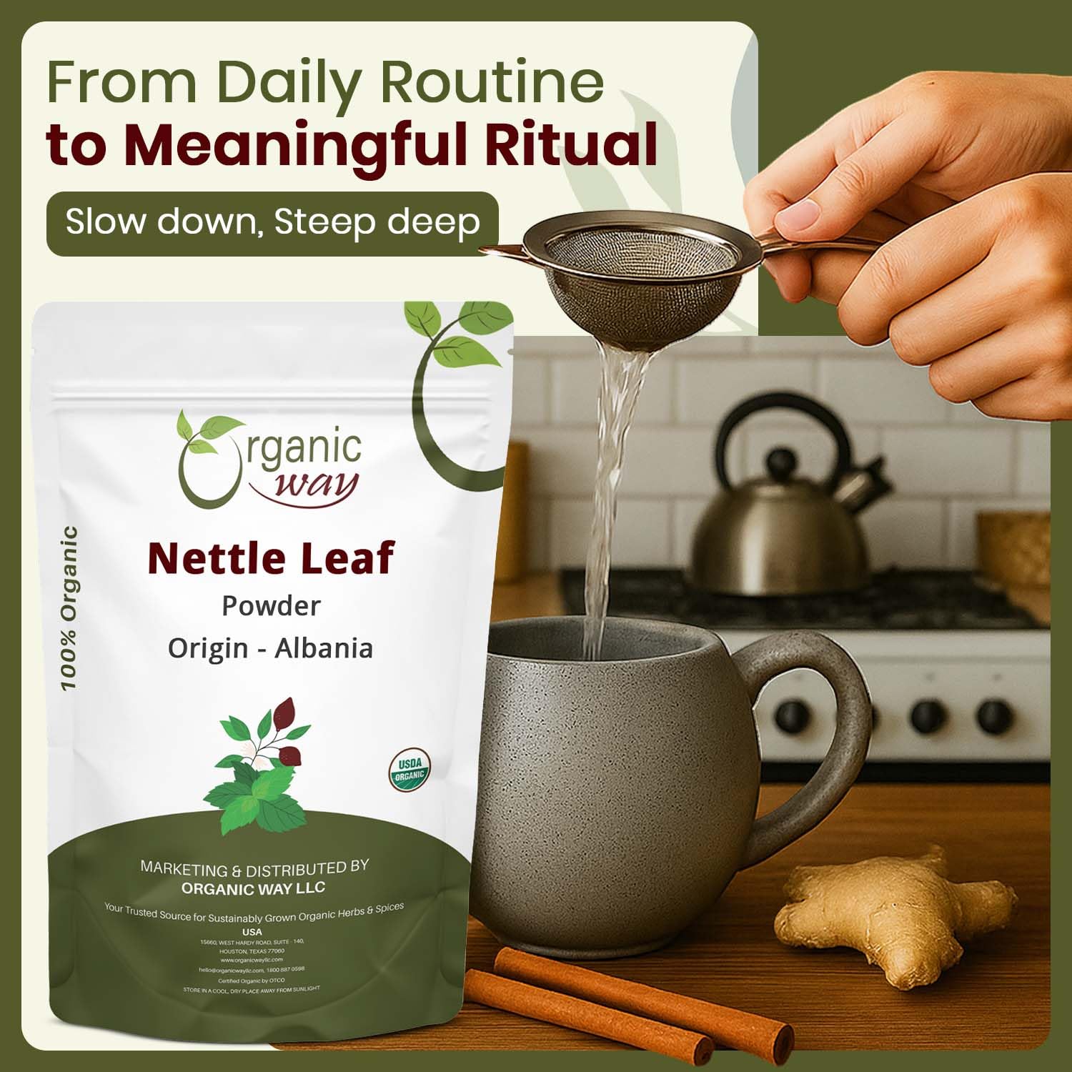 Organic Way polvo mezclado en batido verde nutritivo