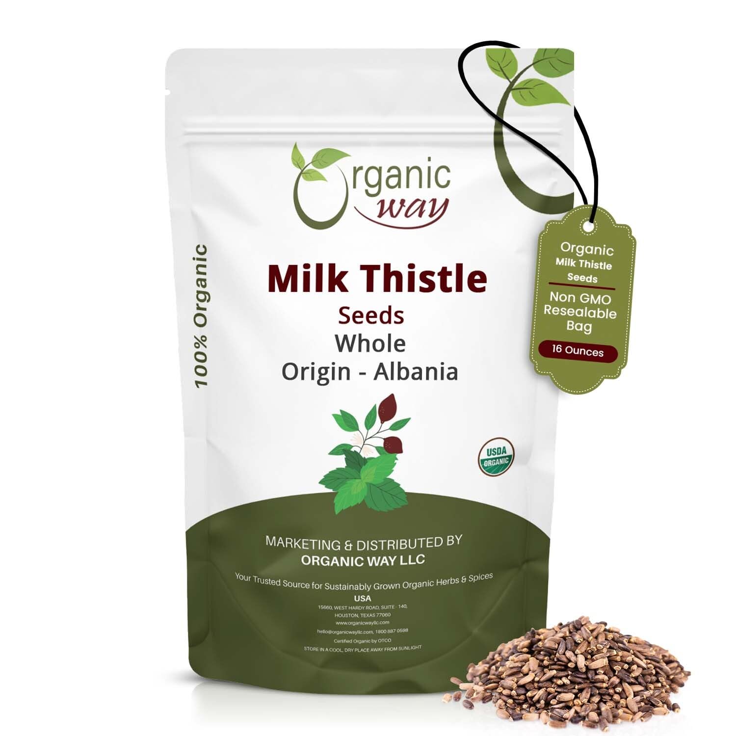 Organic Way paquete frontal mostrando semillas y certificaciones, conveniencia