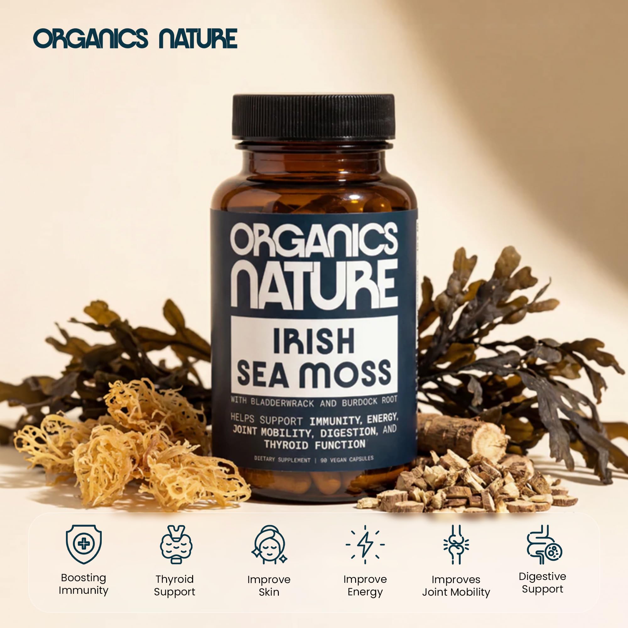 ORGANICS NATURE cápsulas sobre fondo natural enfatizando origen vegetal
