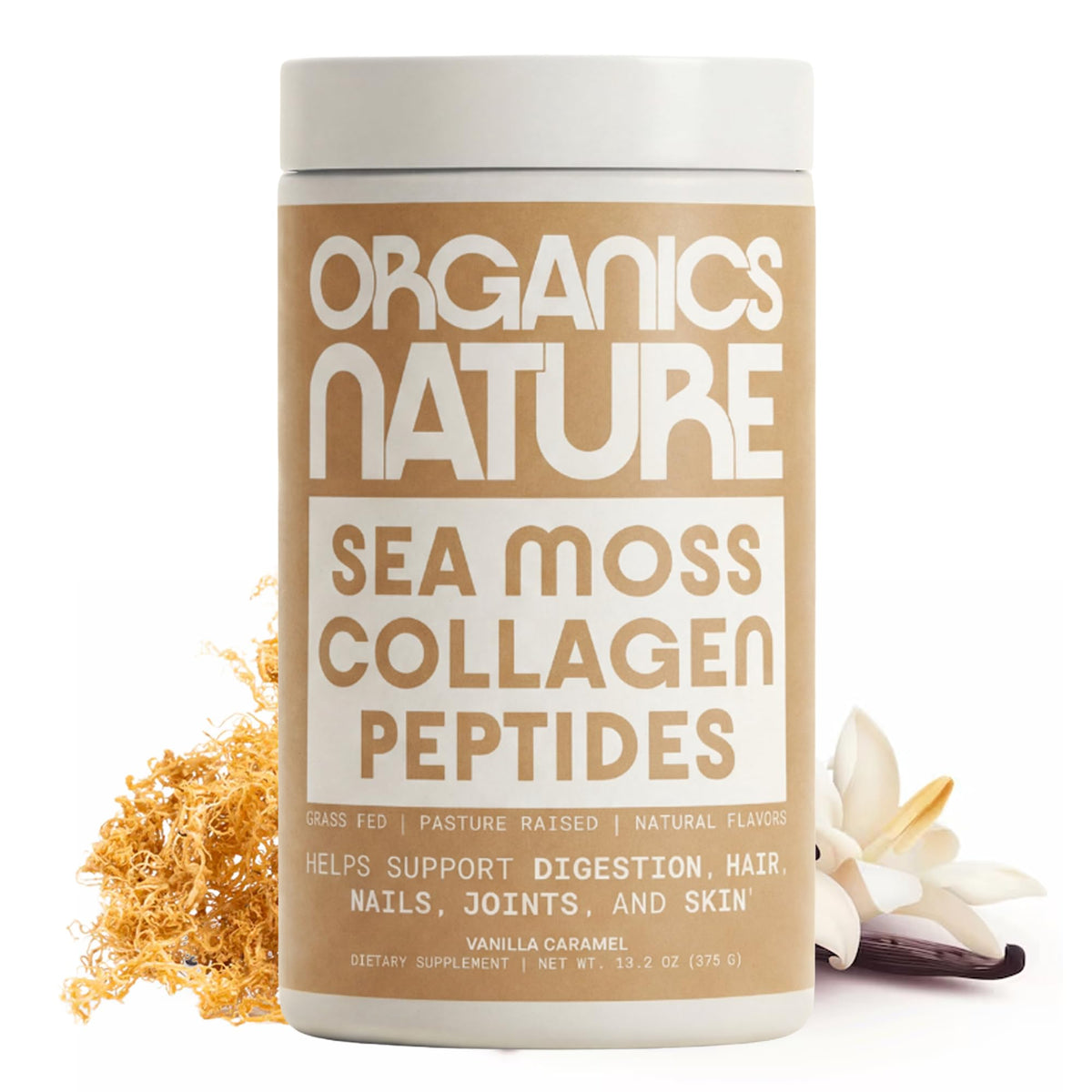 ORGANICS NATURE envase frontal sabor vainilla caramelo, presentación atractiva y clara