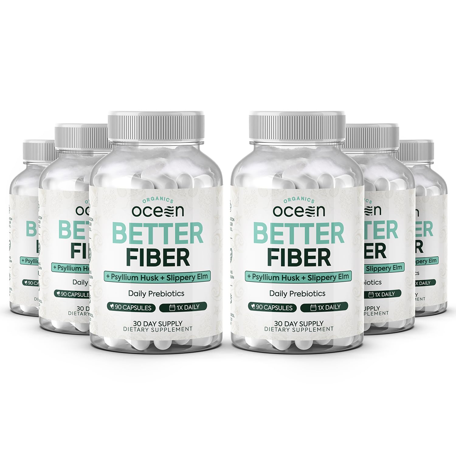 Organics Ocean frasco frente mostrando la etiqueta y beneficio de regularidad