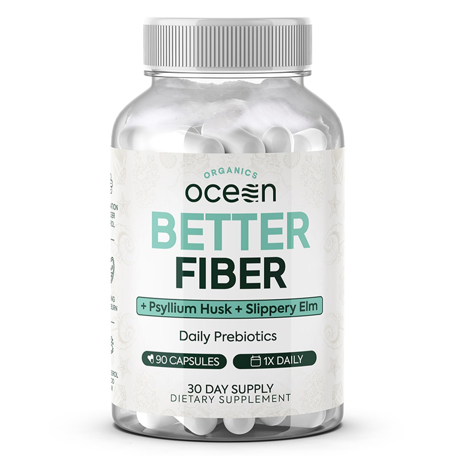 Organics Ocean botella frontal mostrando el envase y el beneficio de suplementar fibra