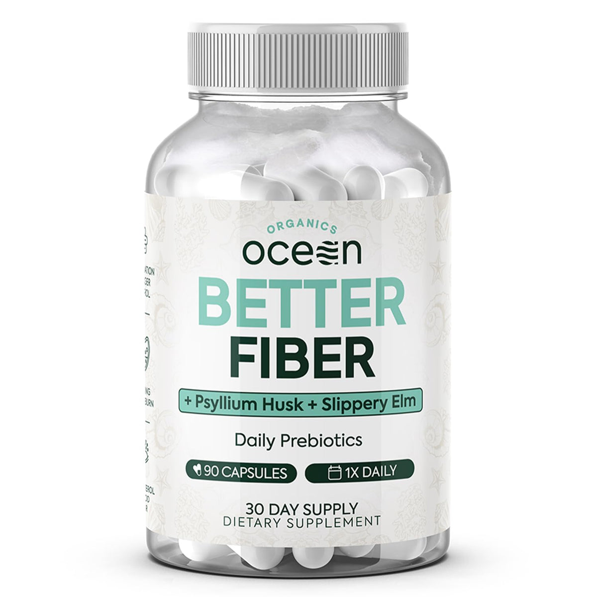 Organics Ocean botella frontal mostrando el envase y el beneficio de suplementar fibra