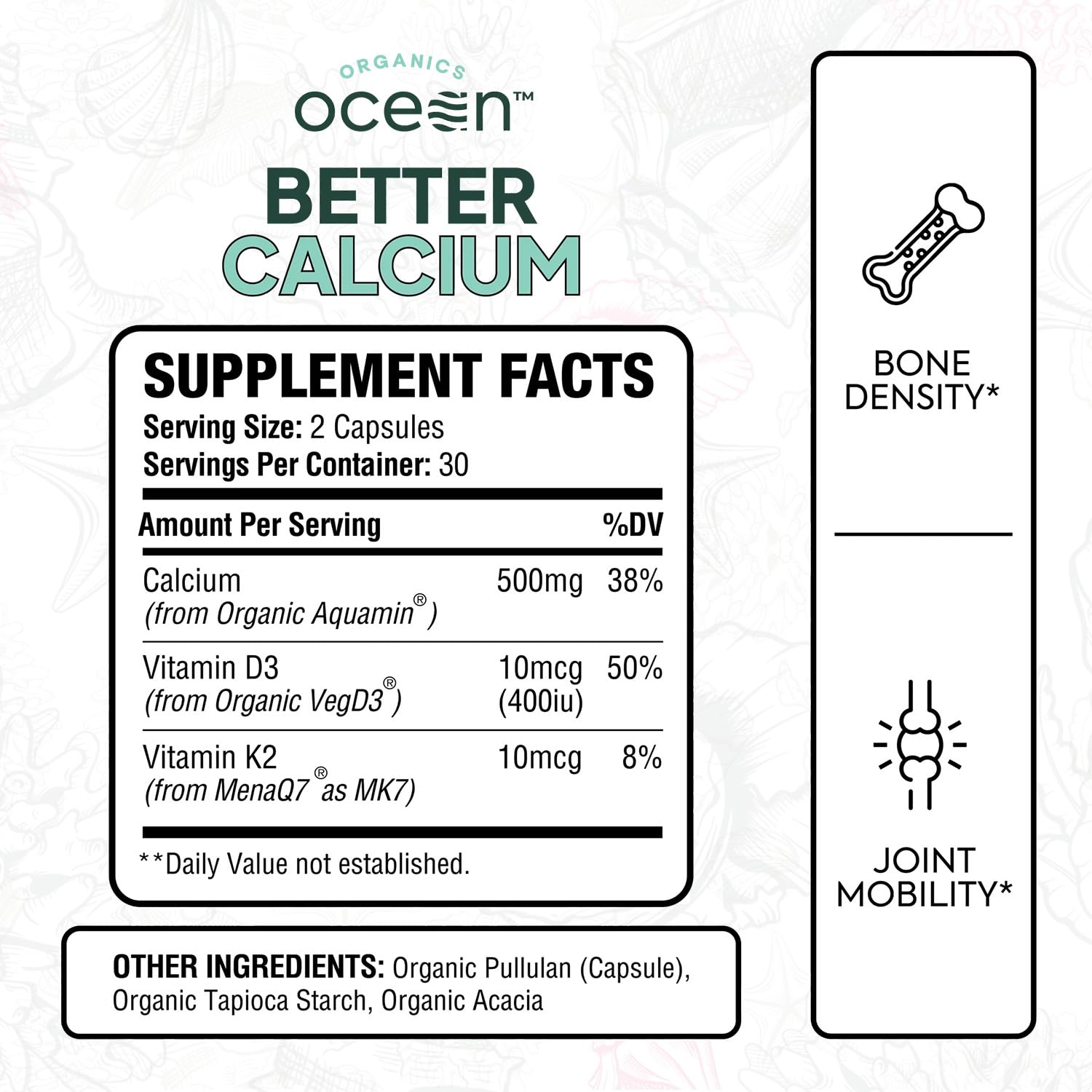 Organics Ocean cápsulas vegetales en primer plano, fácil de tragar