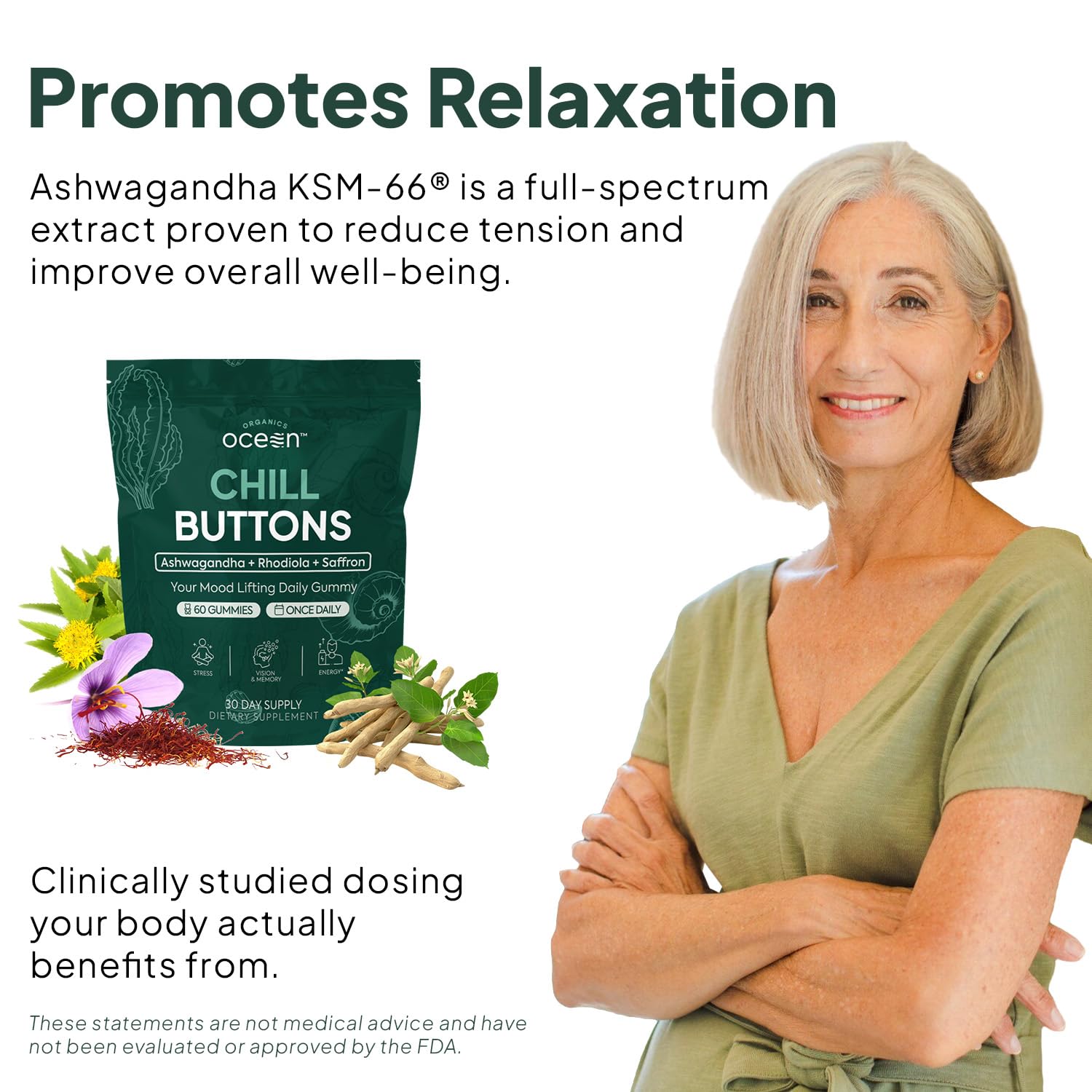 Organics Ocean ingredientes destacados: Ashwagandha, Rhodiola y azafrán