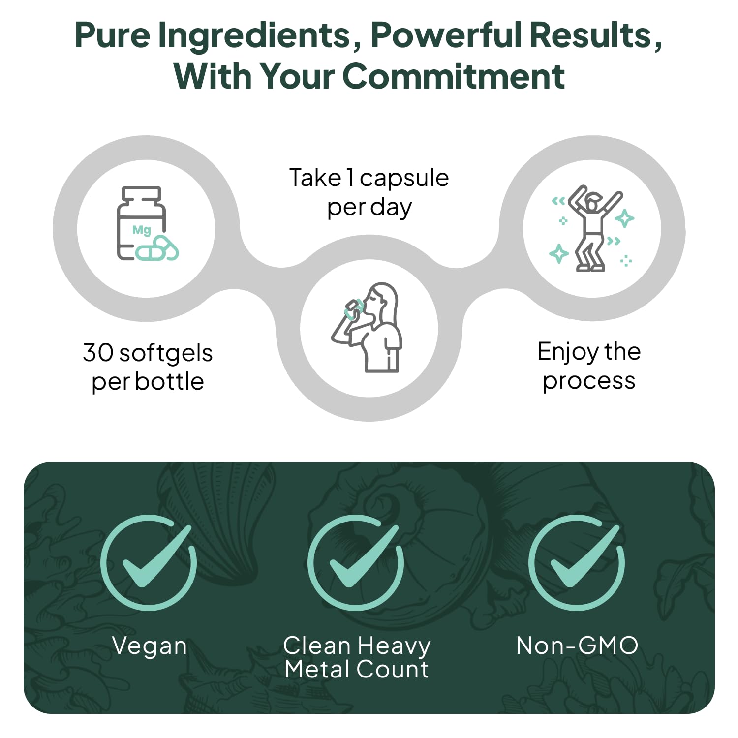 Organics Ocean botella abierta con softgels esparcidos, presentación limpia