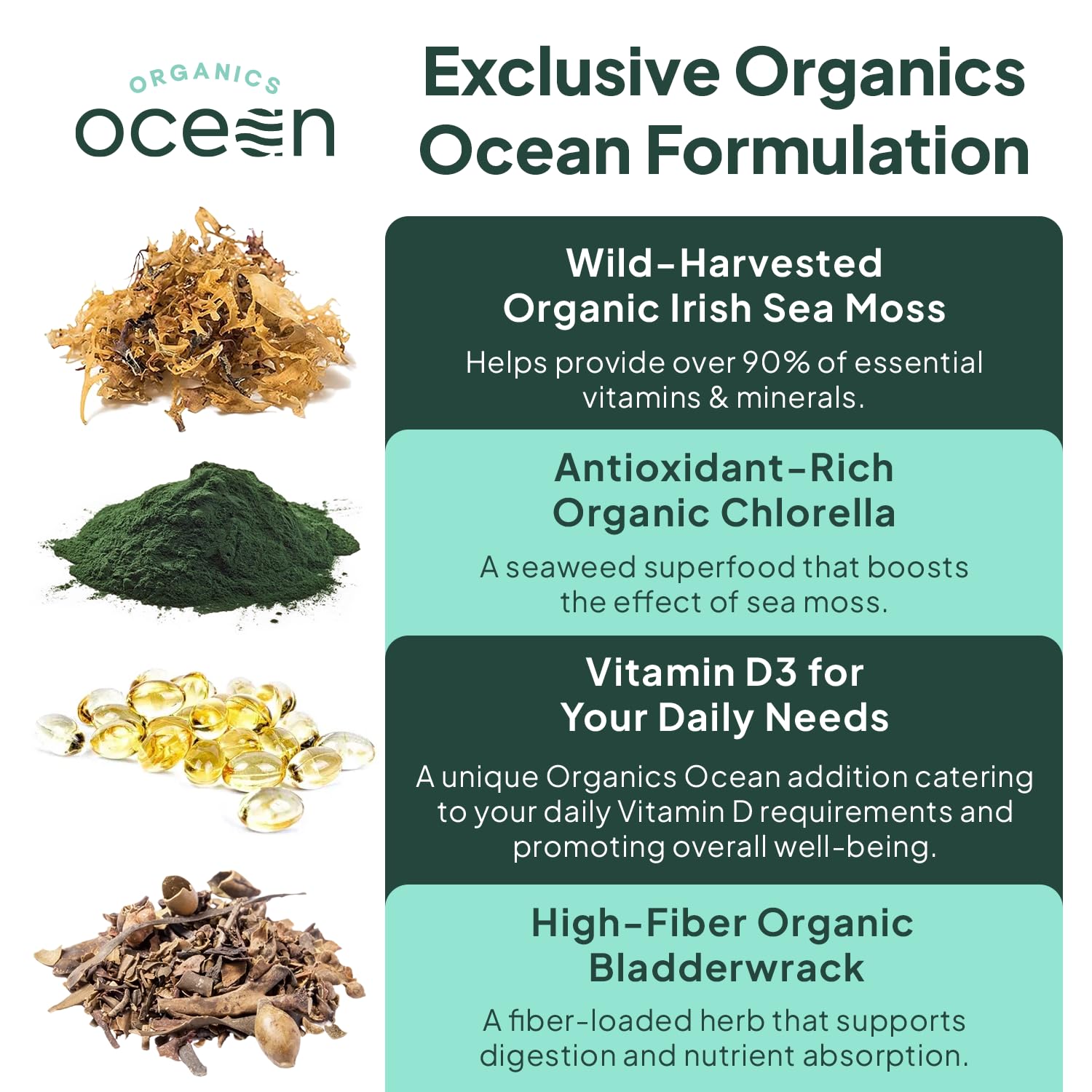 Organics Ocean etiqueta nutricional y lista de ingredientes claros