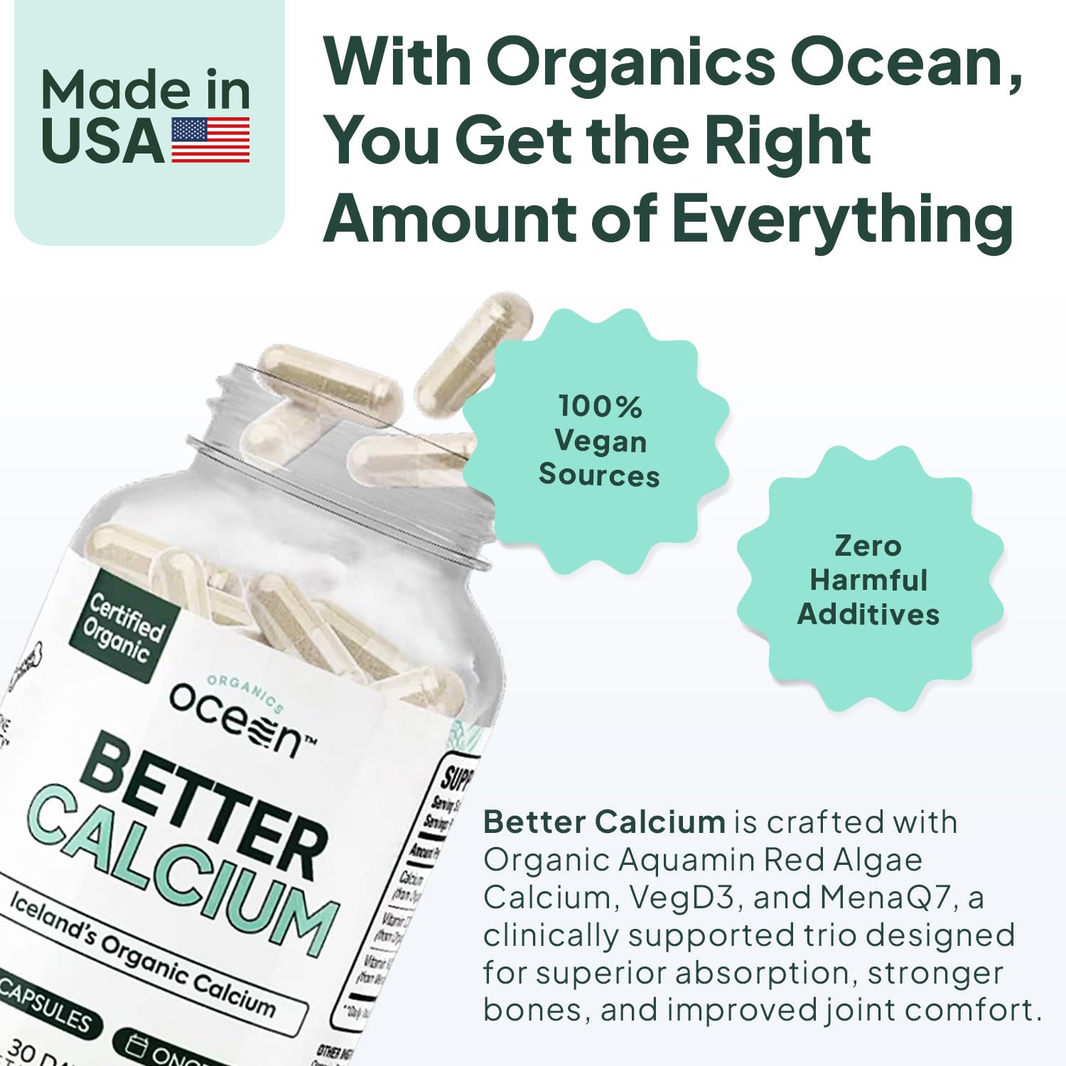 Organics Ocean etiqueta con lista de ingredientes y pureza