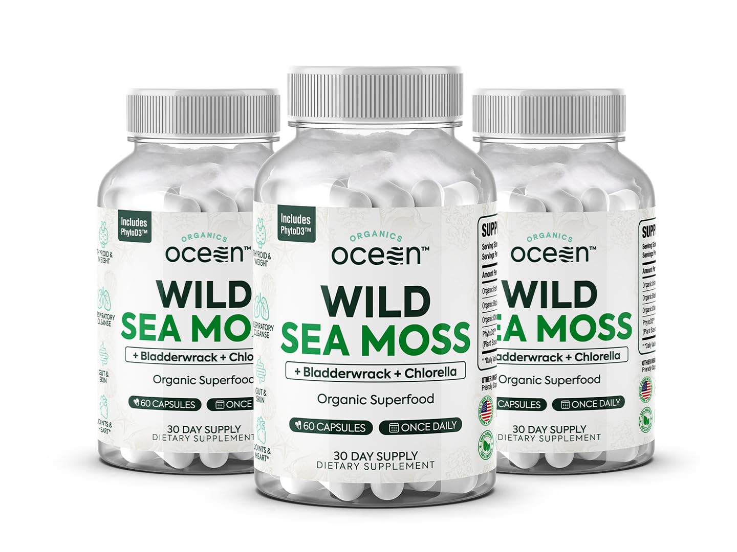 Organics Ocean frasco frontal mostrando diseño y aporte mineral