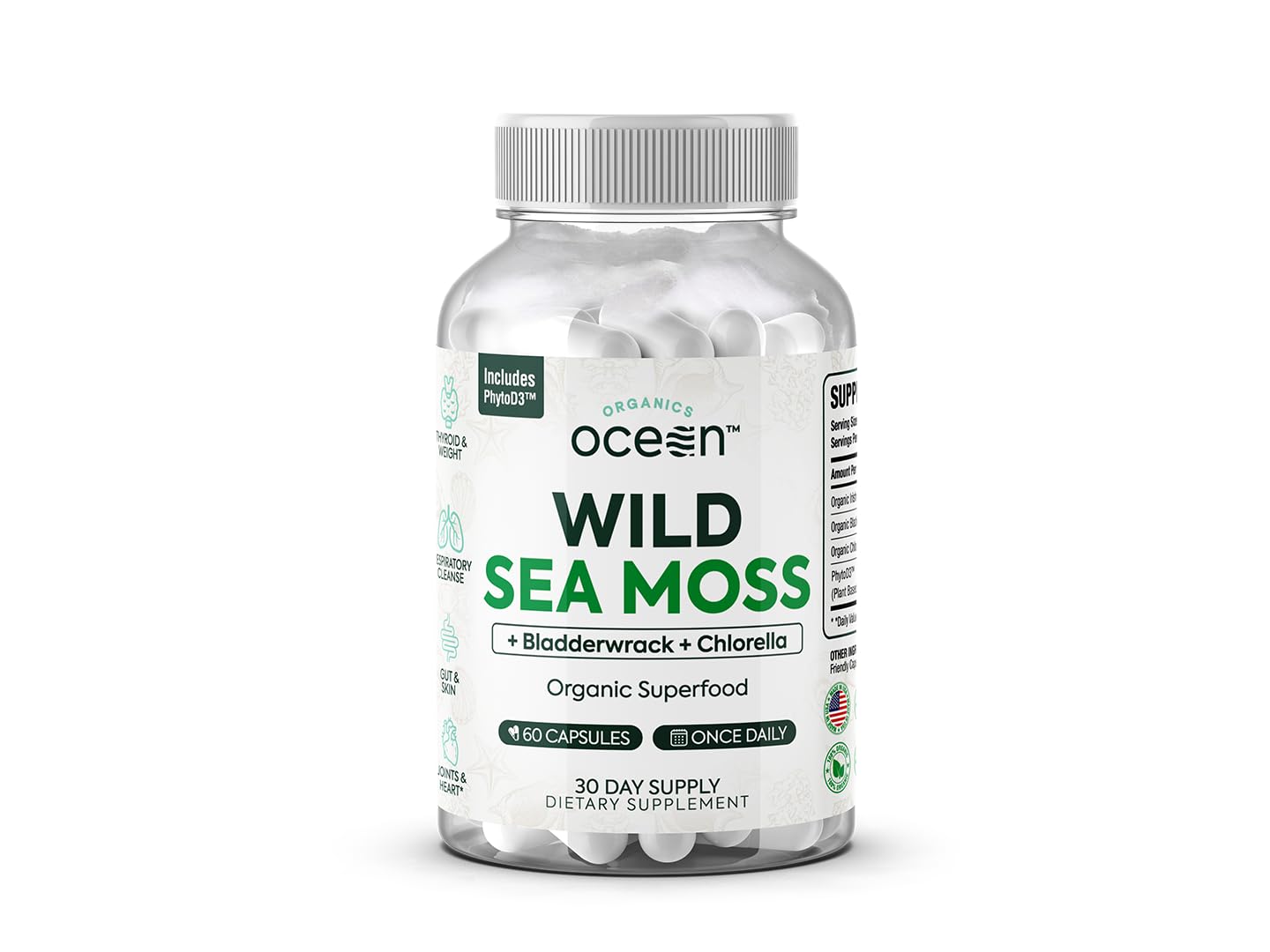 Organics Ocean envase frontal mostrando 60 cápsulas y beneficios claros
