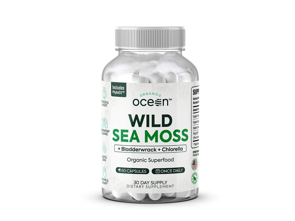 Organics Ocean envase frontal mostrando 60 cápsulas y beneficios claros