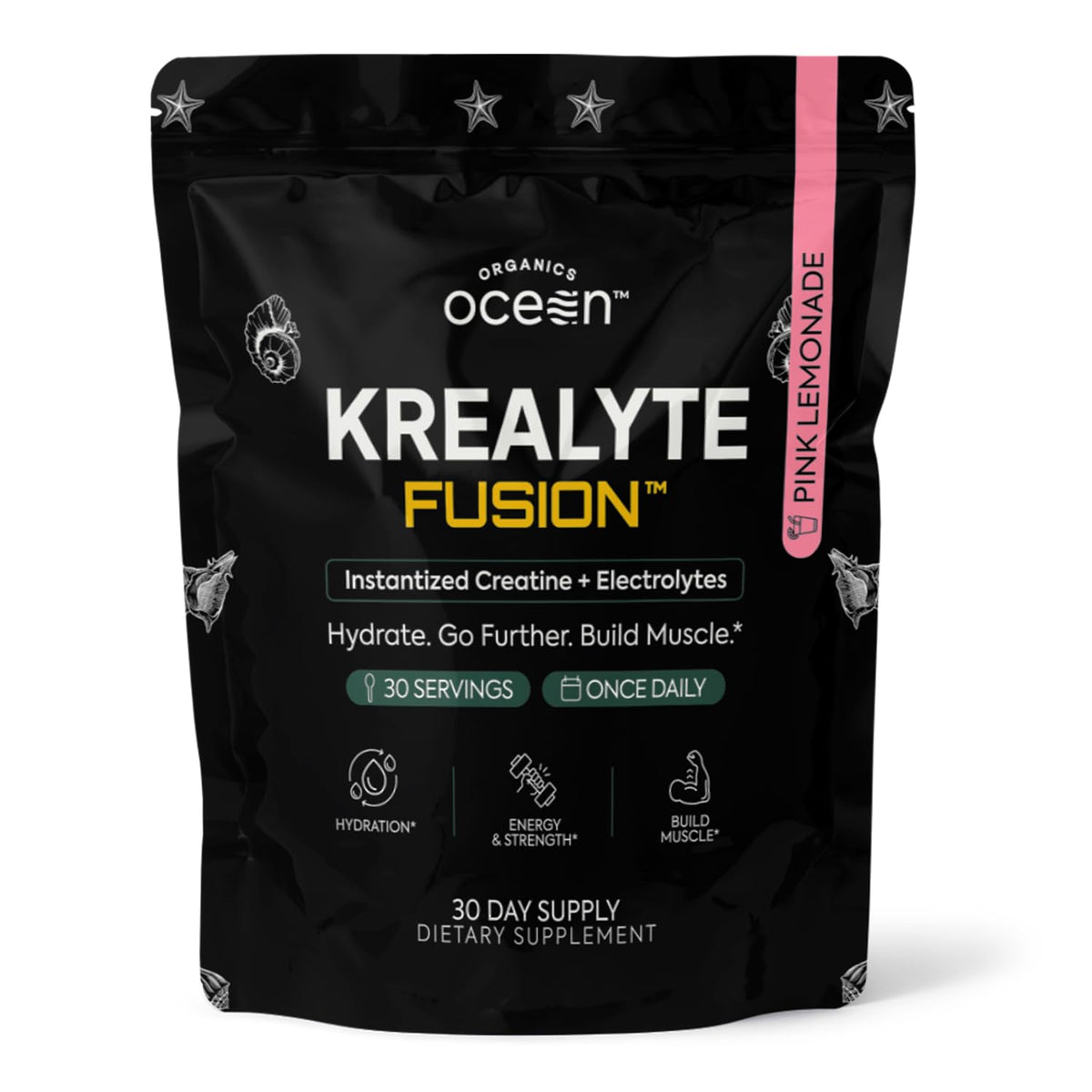 Organics Ocean frasco de Krealyte Fusion mostrando diseño y sabor Pink Lemonade