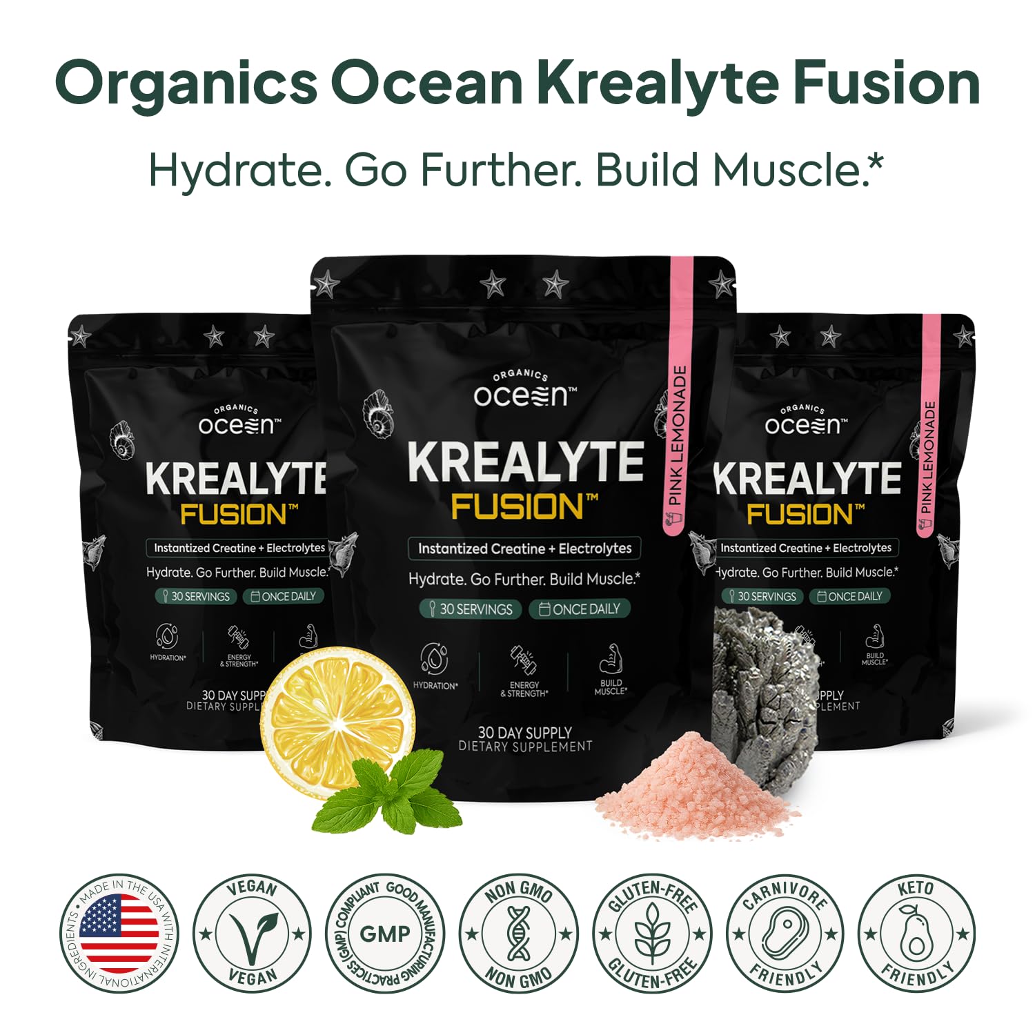 Organics Ocean comparación de tamaño del envase mostrando 30 raciones y cantidad por servicio