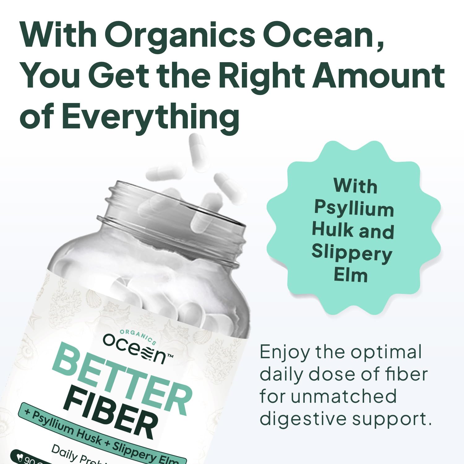 Organics Ocean psyllium y olmo resbaladizo en ingredientes naturales para soporte digestivo