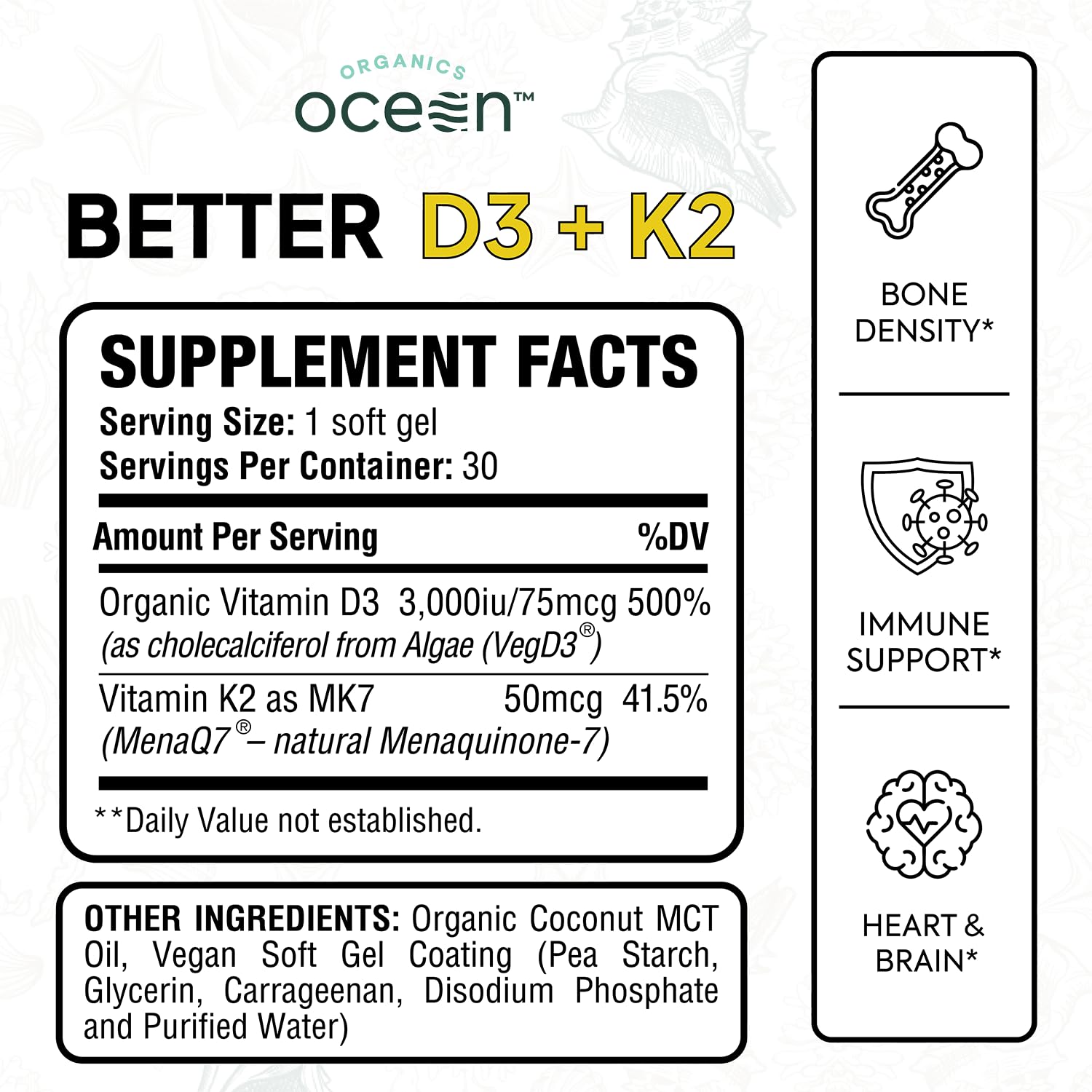 Organics Ocean softgel detalle de textura que sugiere fácil digestión