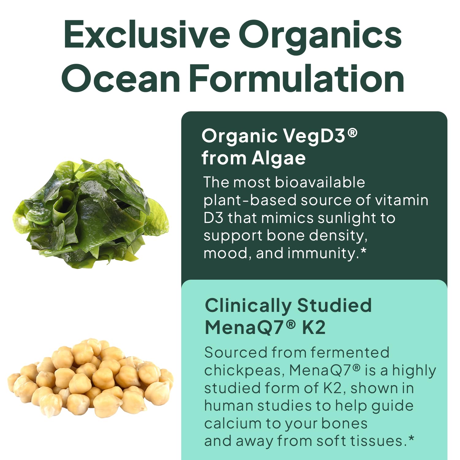 Organics Ocean softgel junto a alga que resalta origen vegano y pureza