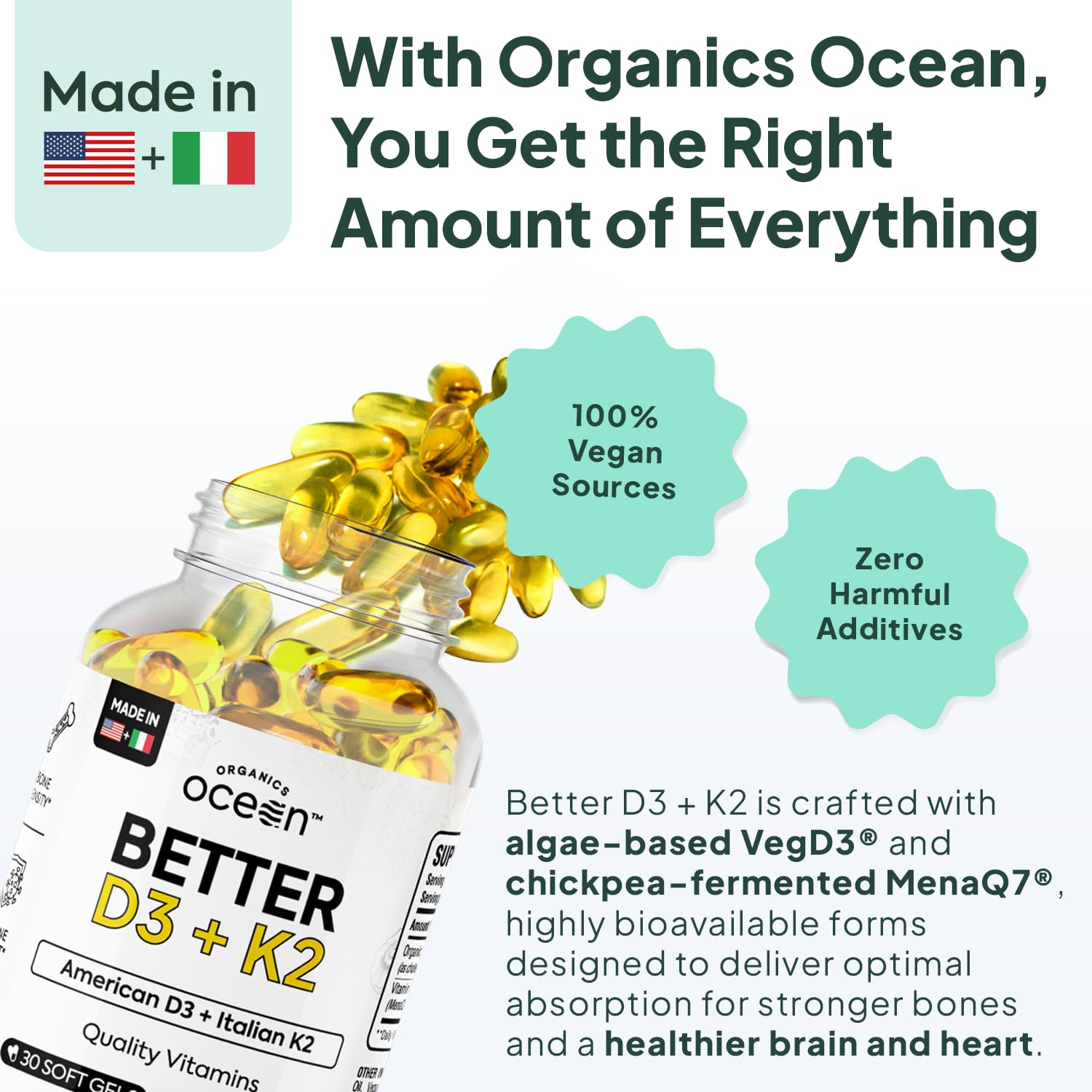 Organics Ocean aceite MCT en gotas sobre fondo blanco, favorece absorción