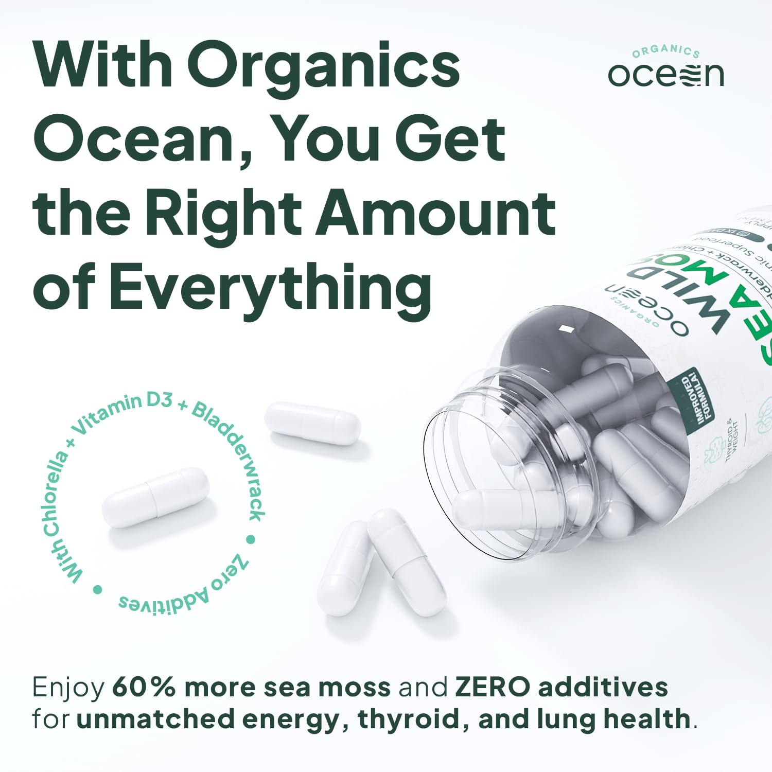 Organics Ocean primer plano de la textura de una cápsula resaltando pureza