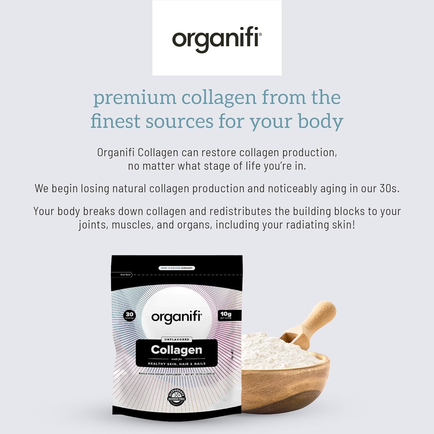 Ingredientes reales de Organifi Collagen mostrando fuentes bovina y marina