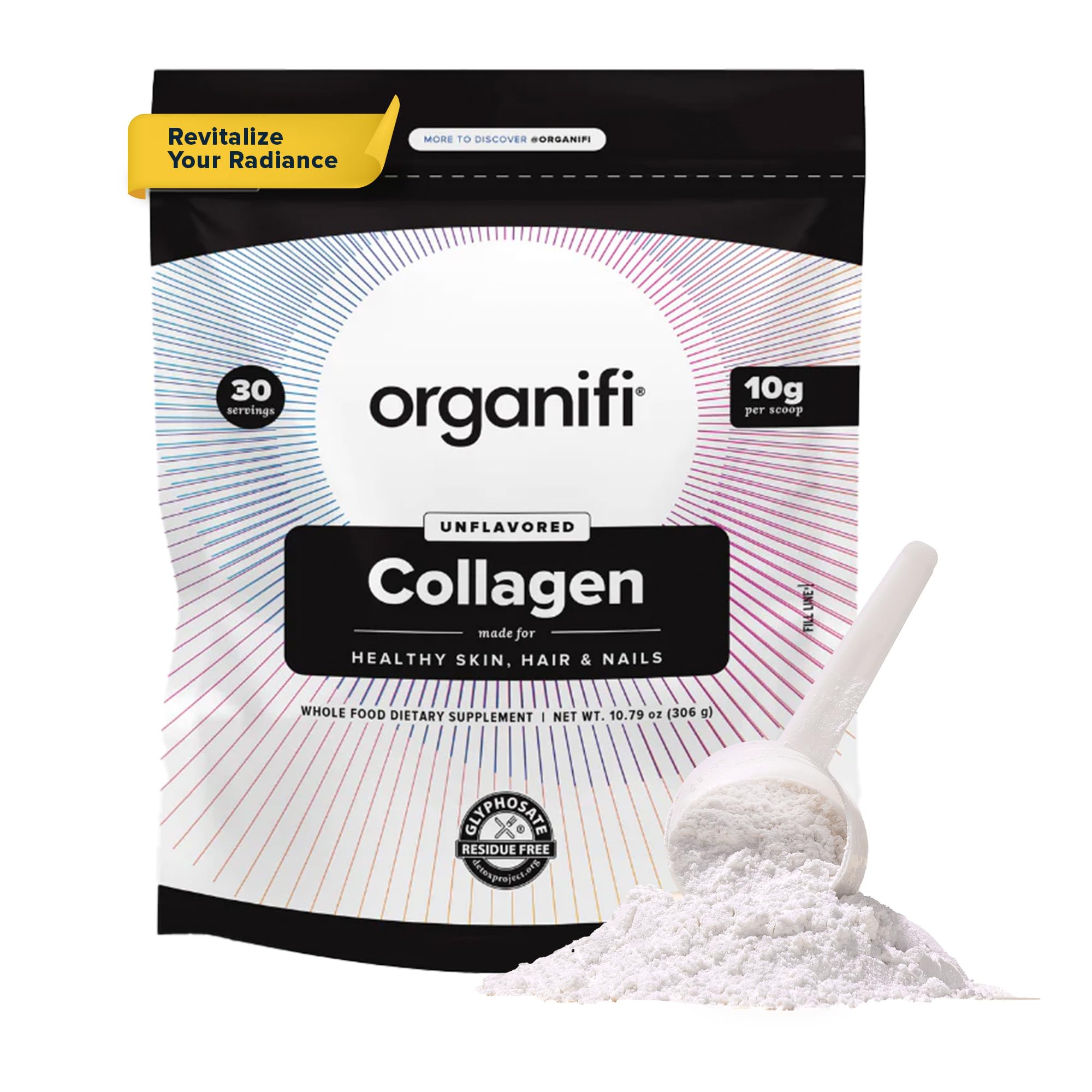 Organifi envase frontal mostrando la marca y beneficios del colágeno