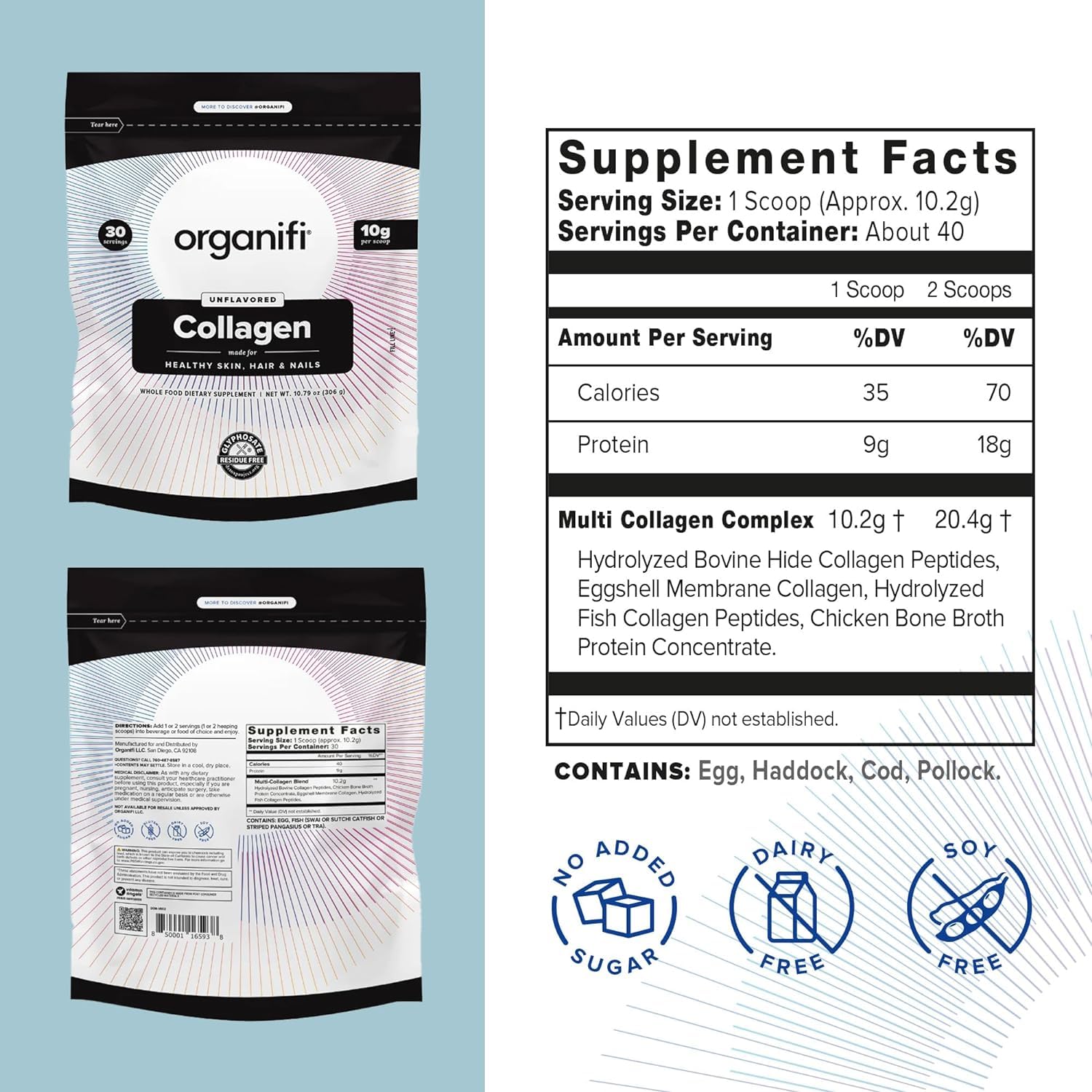 Polvo de Organifi Collagen en primer plano con textura fina y disolución rápida