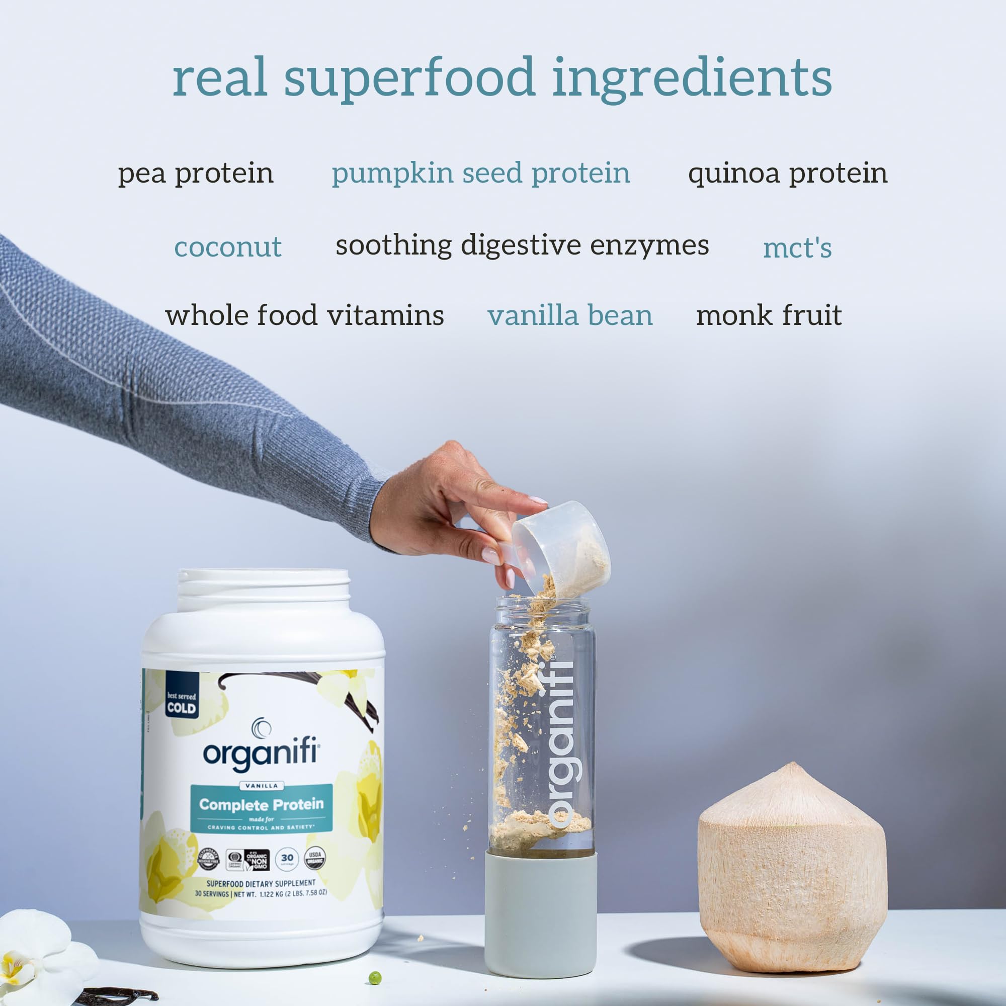 Organifi etiqueta de ingredientes destacando origen orgánico y sin alérgenos