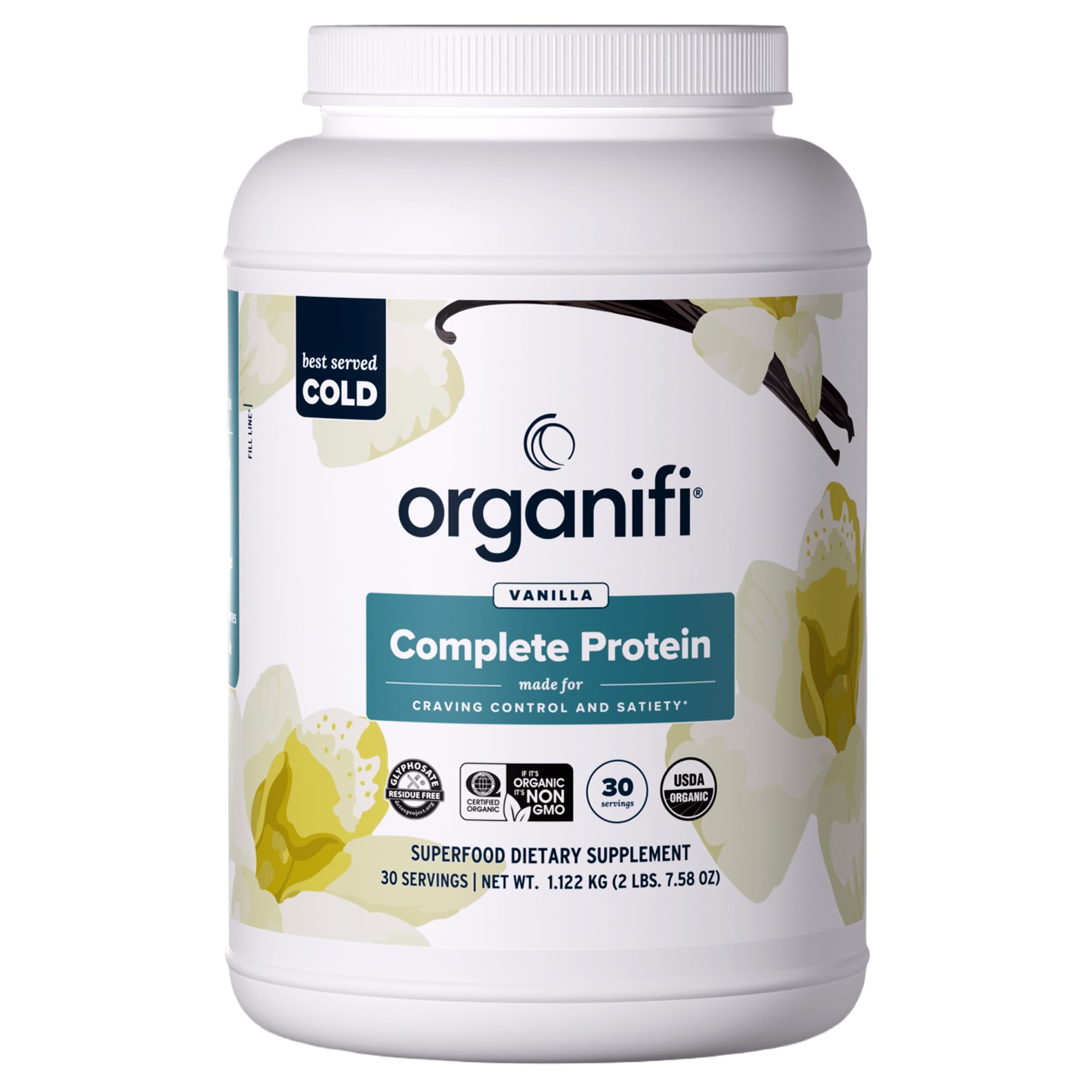 Organifi Complete Protein frontal mostrando el envase y el sabor vainilla, práctico y nutritivo