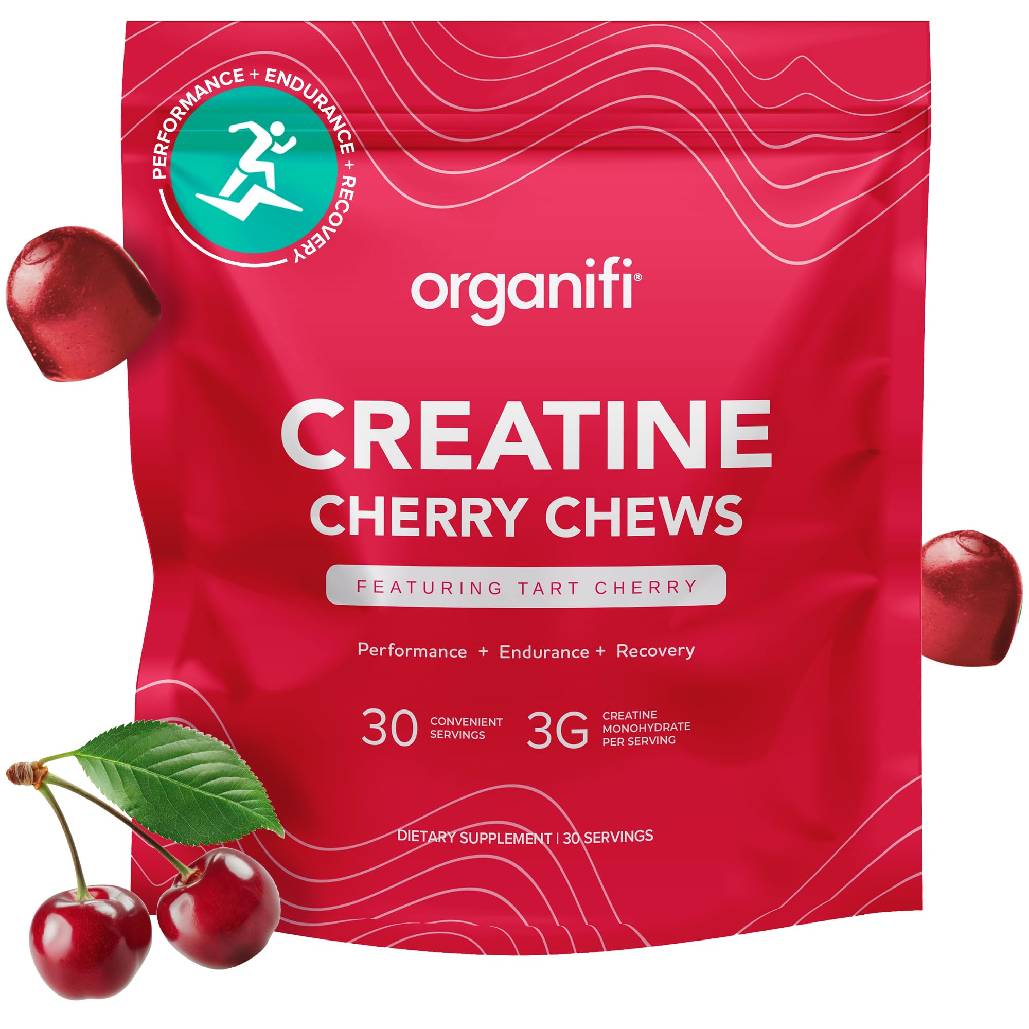 Organifi Creatine Chews vista frontal con envase, conveniencia diaria