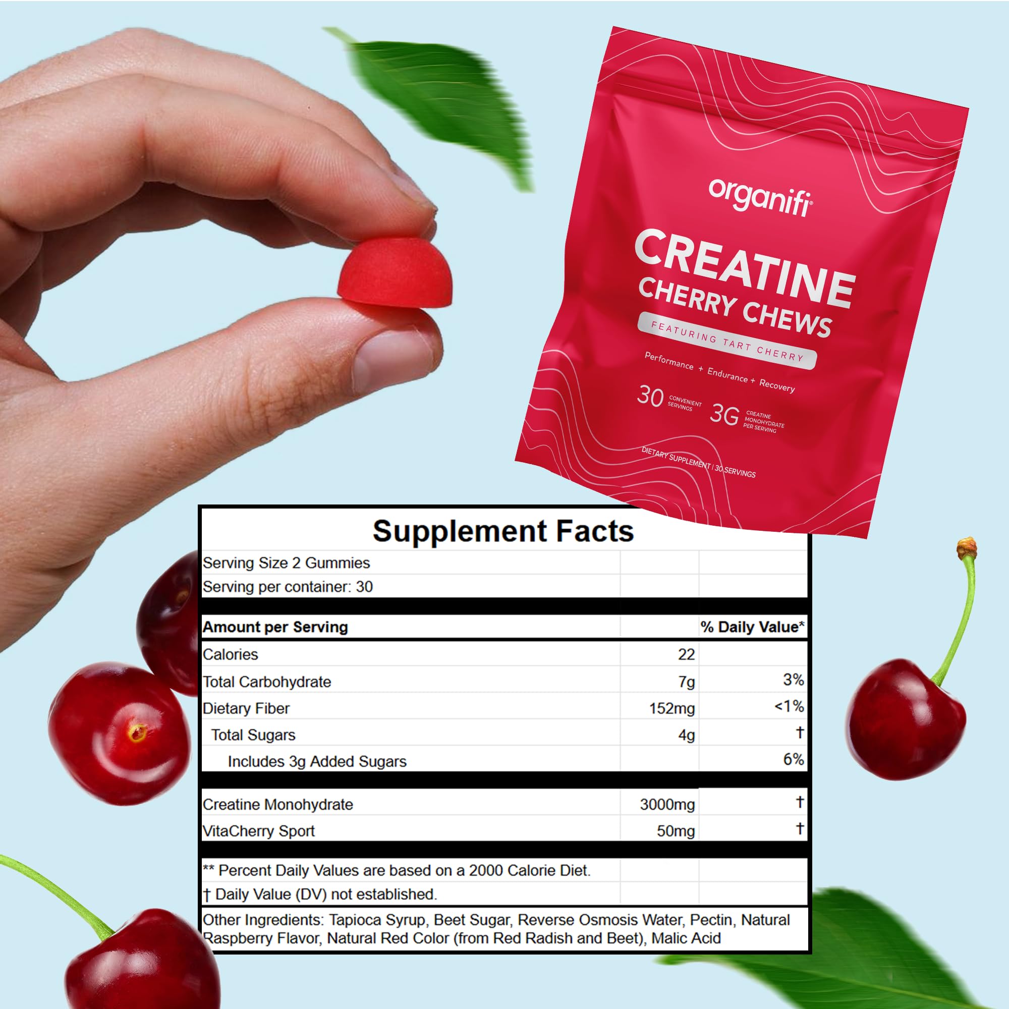 Organifi Creatine Chews enfoque en una gomita, sabor cereza apetitoso