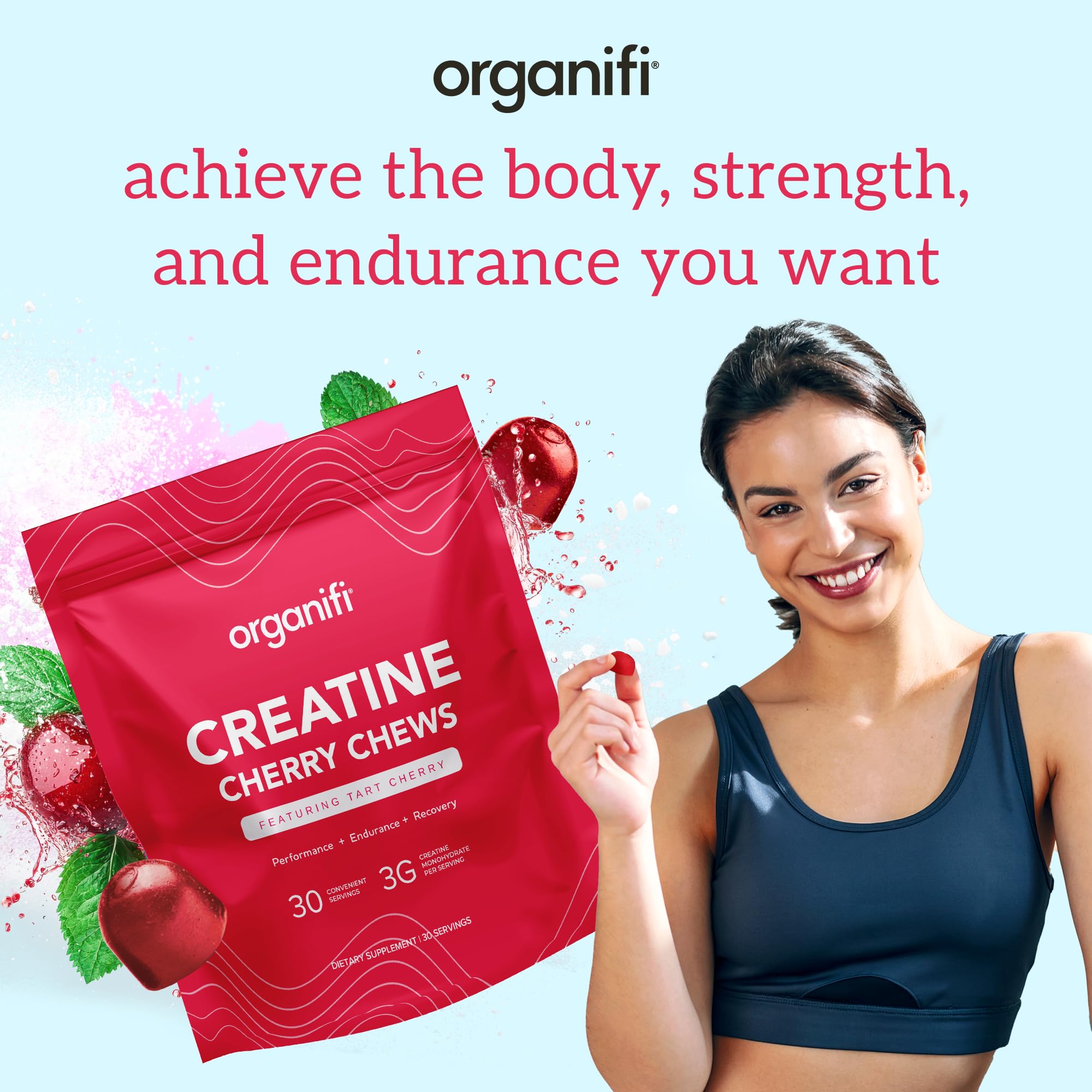 Organifi Creatine Chews etiqueta con ingredientes, transparencia en la fórmula