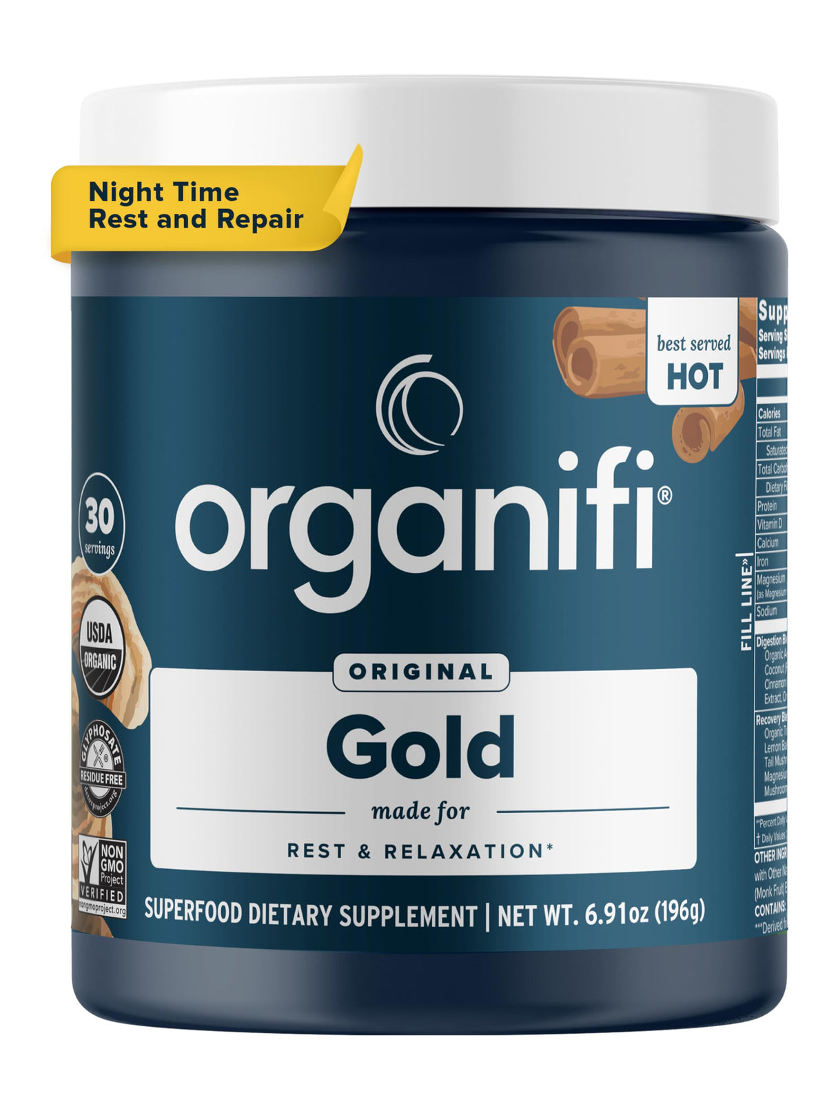 Organifi Gold frente del empaque mostrando marca y beneficios relajantes