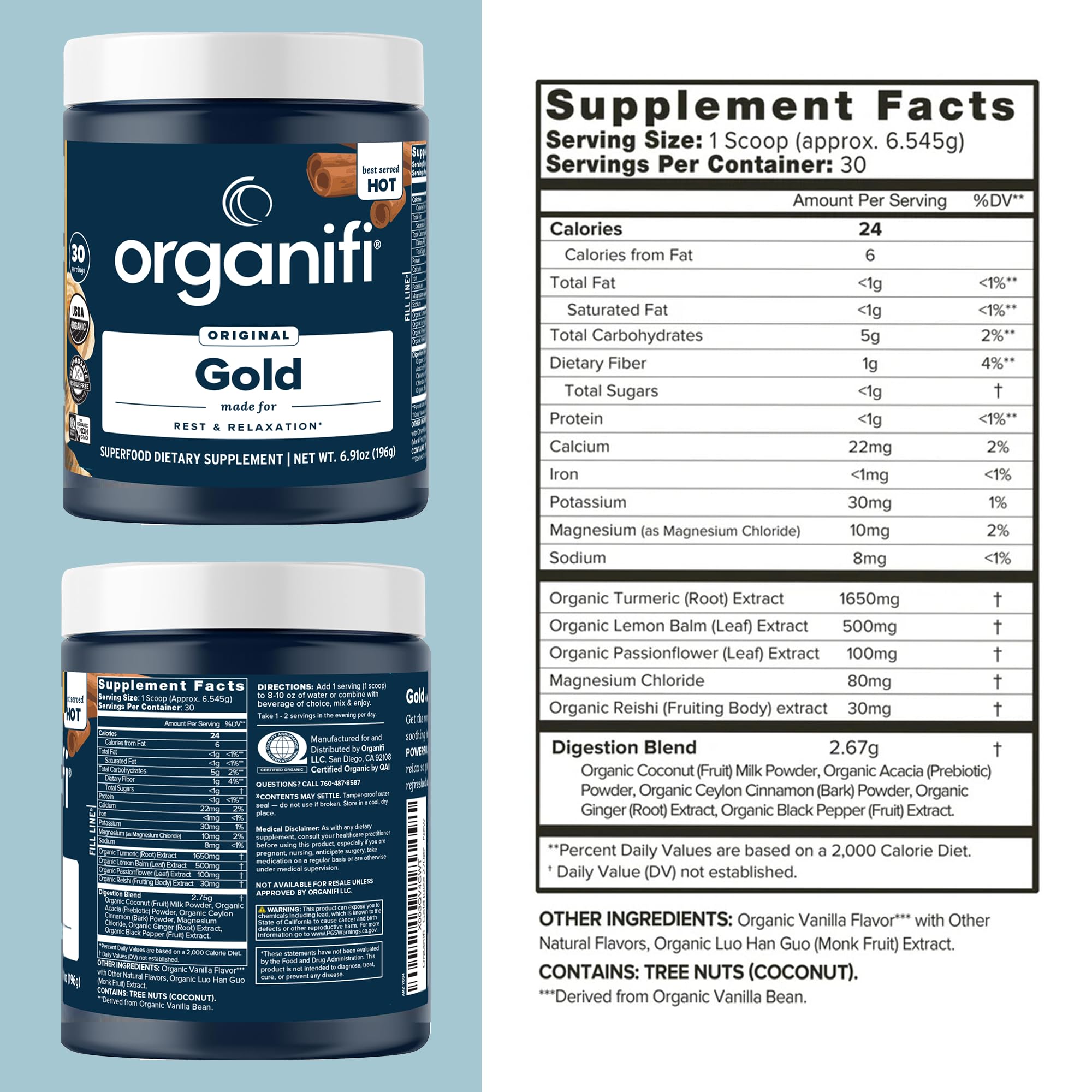 Polvo de Organifi Gold primer plano que revela textura cremosa y mezcla