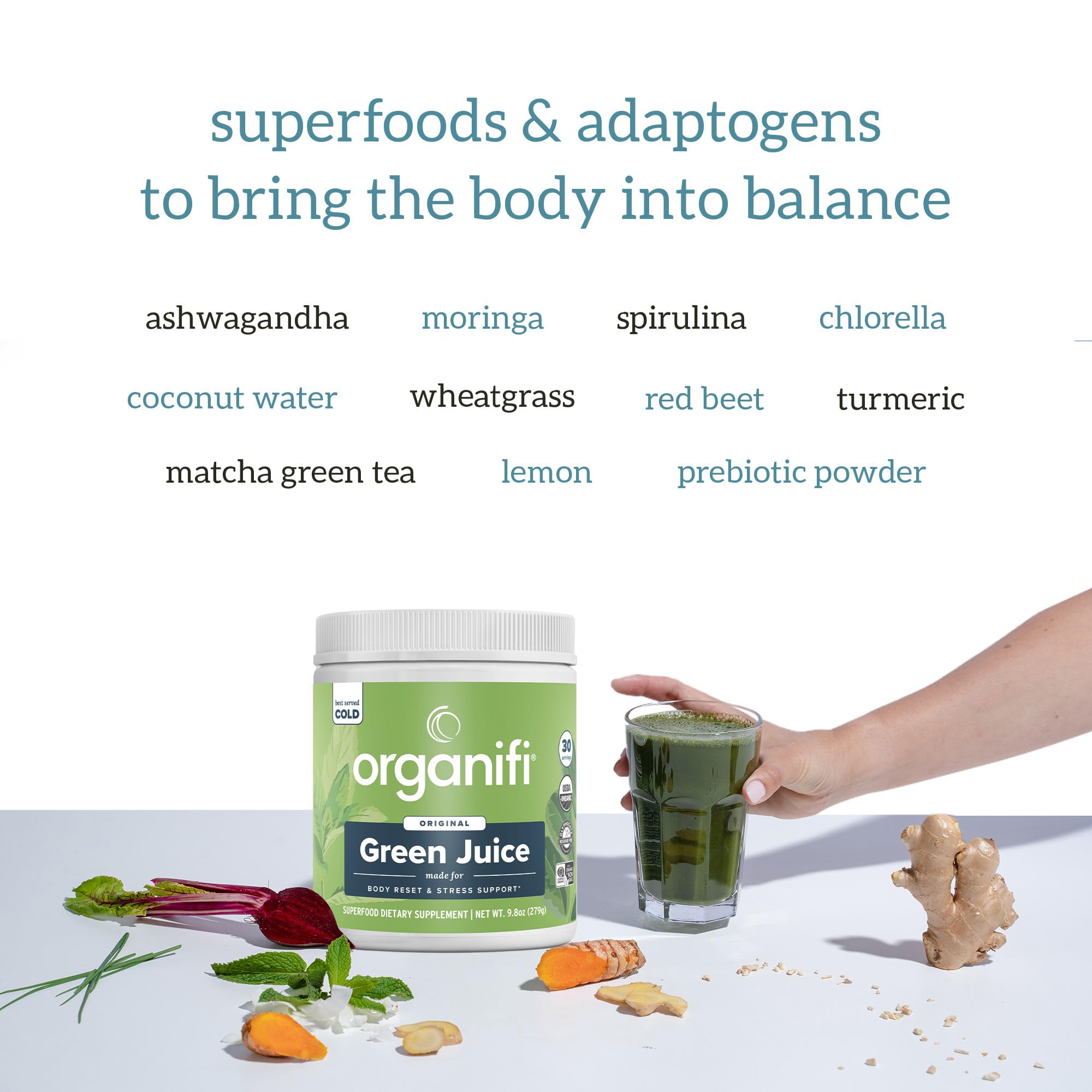 Organifi ingredientes espirulina y chlorella ilustrando origen vegetal concentrado