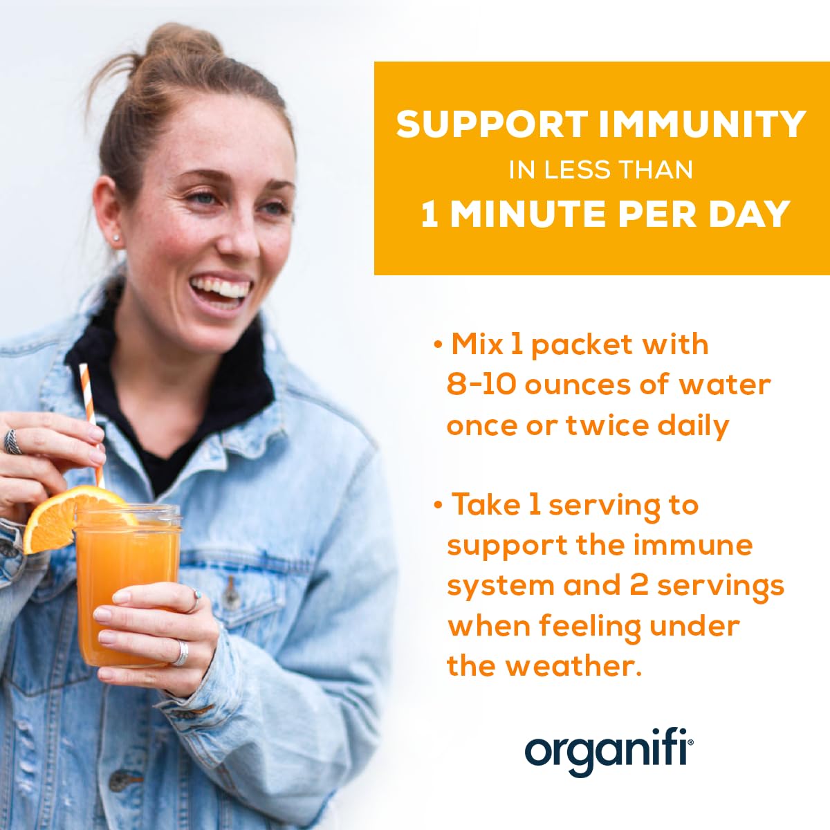 Organifi Immunity comparación tamaño sobre junto a mano, porción portátil