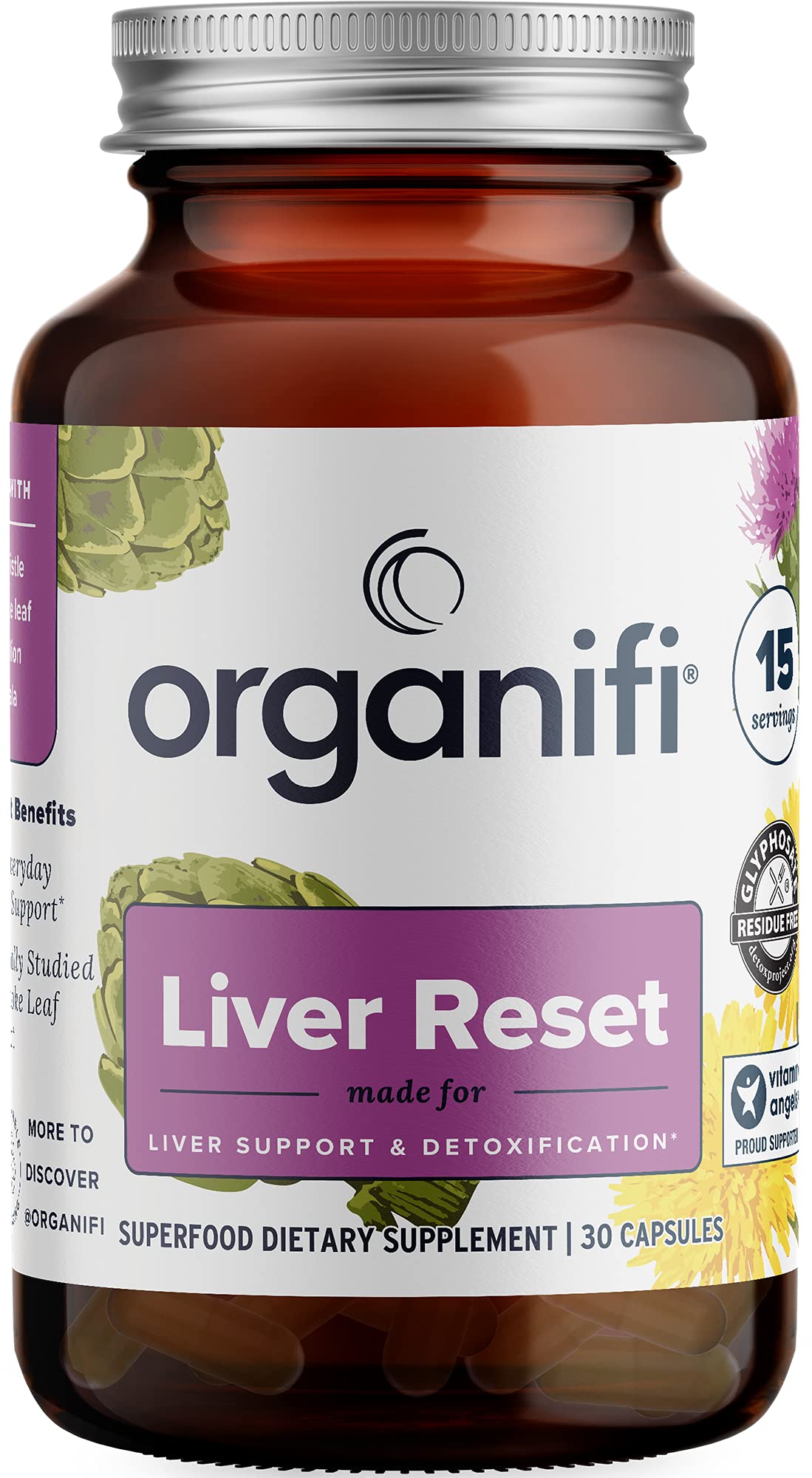 Organifi frasco frontal mostrando 30 cápsulas y apoyo hepático