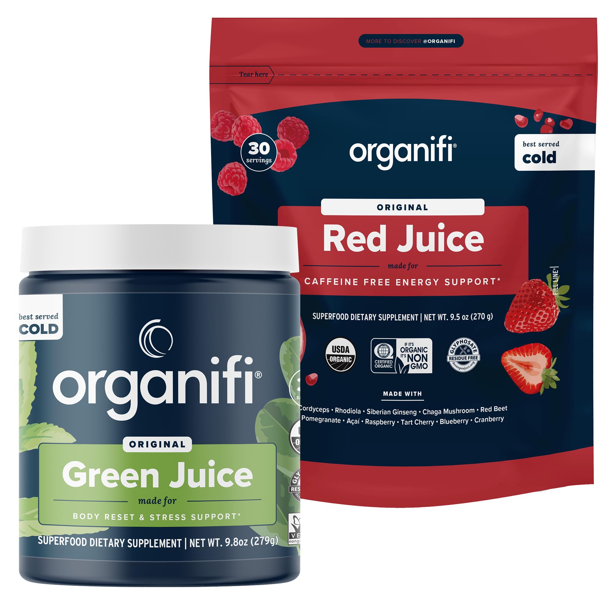 Organifi pack frontal mostrando las latas Green Juice y Red Juice, conveniencia diaria