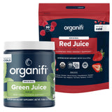 Organifi pack frontal mostrando las latas Green Juice y Red Juice, conveniencia diaria
