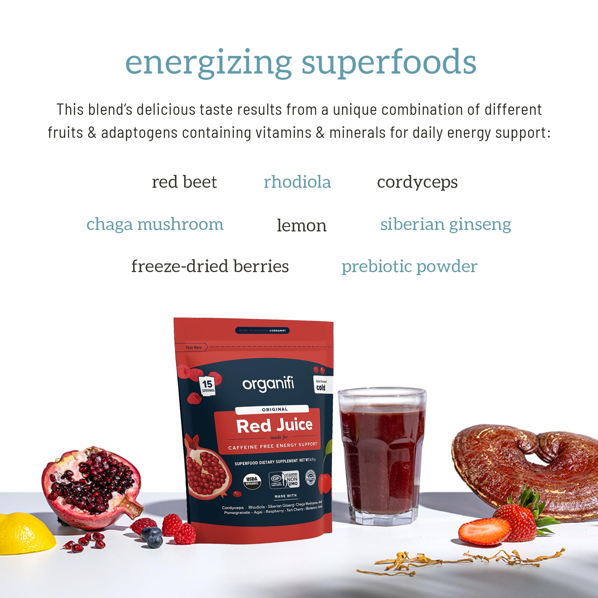 Organifi Red Juice en batido, marca apoya digestión y enfoque