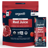 Organifi Red Juice frente con sobres, muestra conveniencia y energía