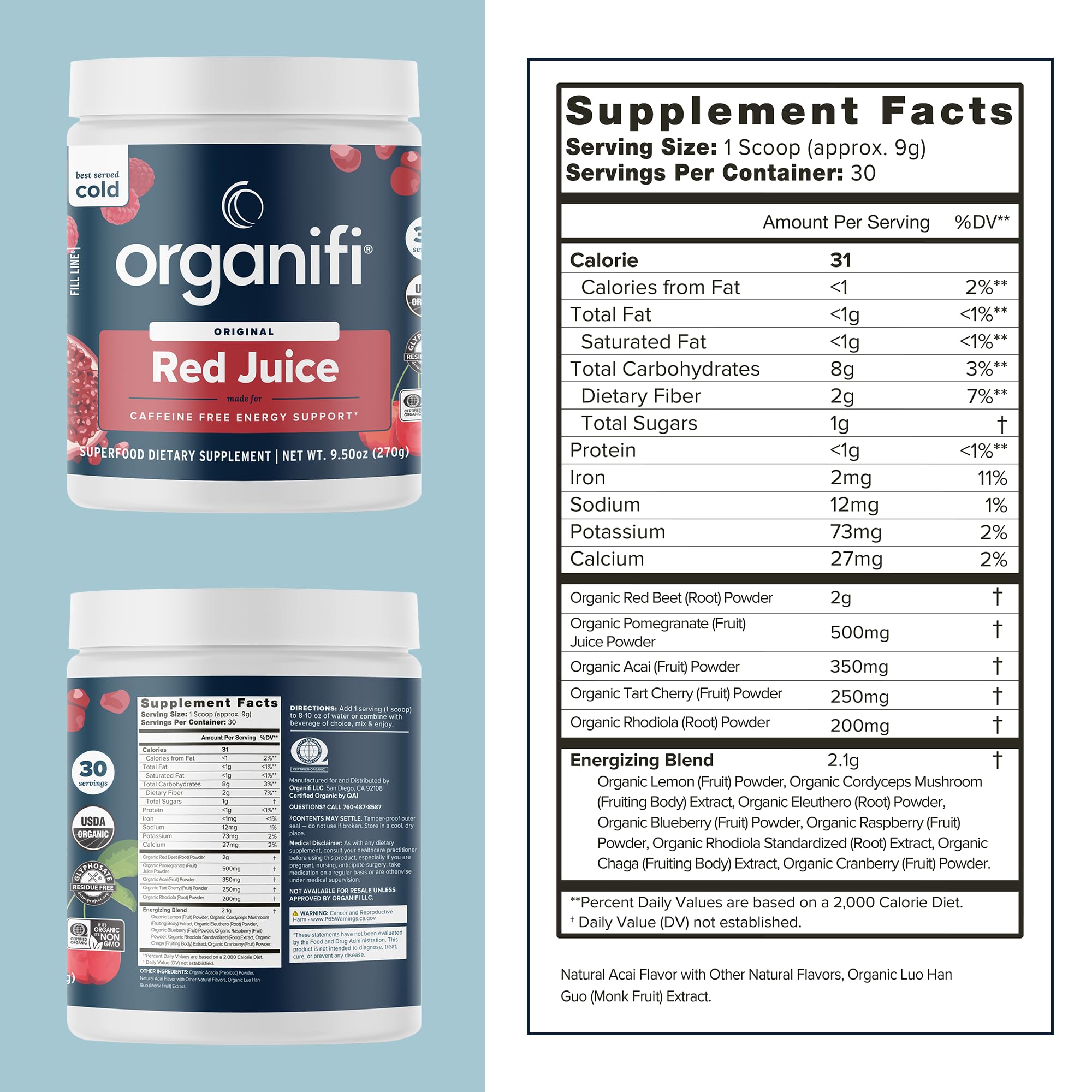 Polvo de Organifi Red Juice primer plano resaltando textura y mezcla
