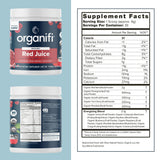 Polvo de Organifi Red Juice primer plano resaltando textura y mezcla