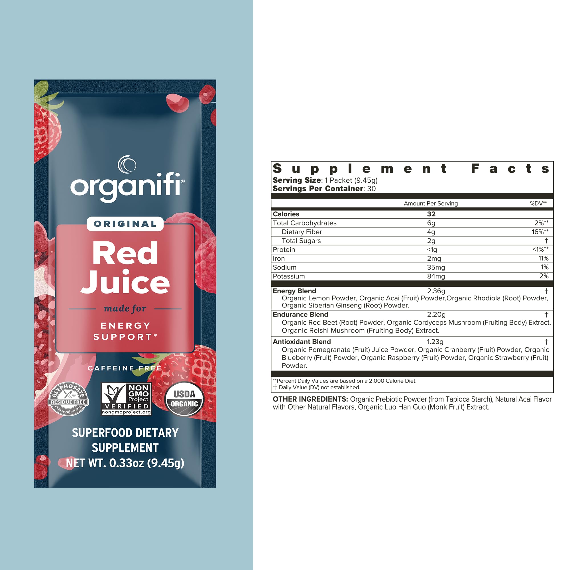 Organifi Red Juice textura del polvo, visual de mezcla y pureza
