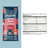 Organifi Red Juice textura del polvo, visual de mezcla y pureza