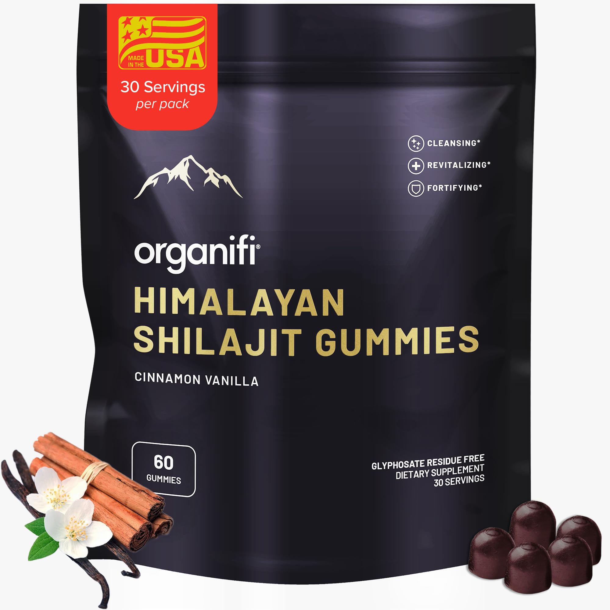 Organifi Shilajit gomitas vista frontal mostrando presentación y 60 unidades