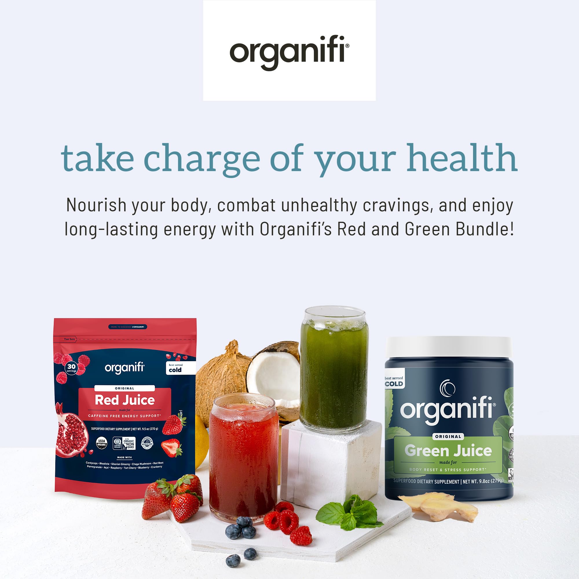 Vaso preparado con Organifi Green y Red Juice, bebida lista que aporta variedad nutritiva