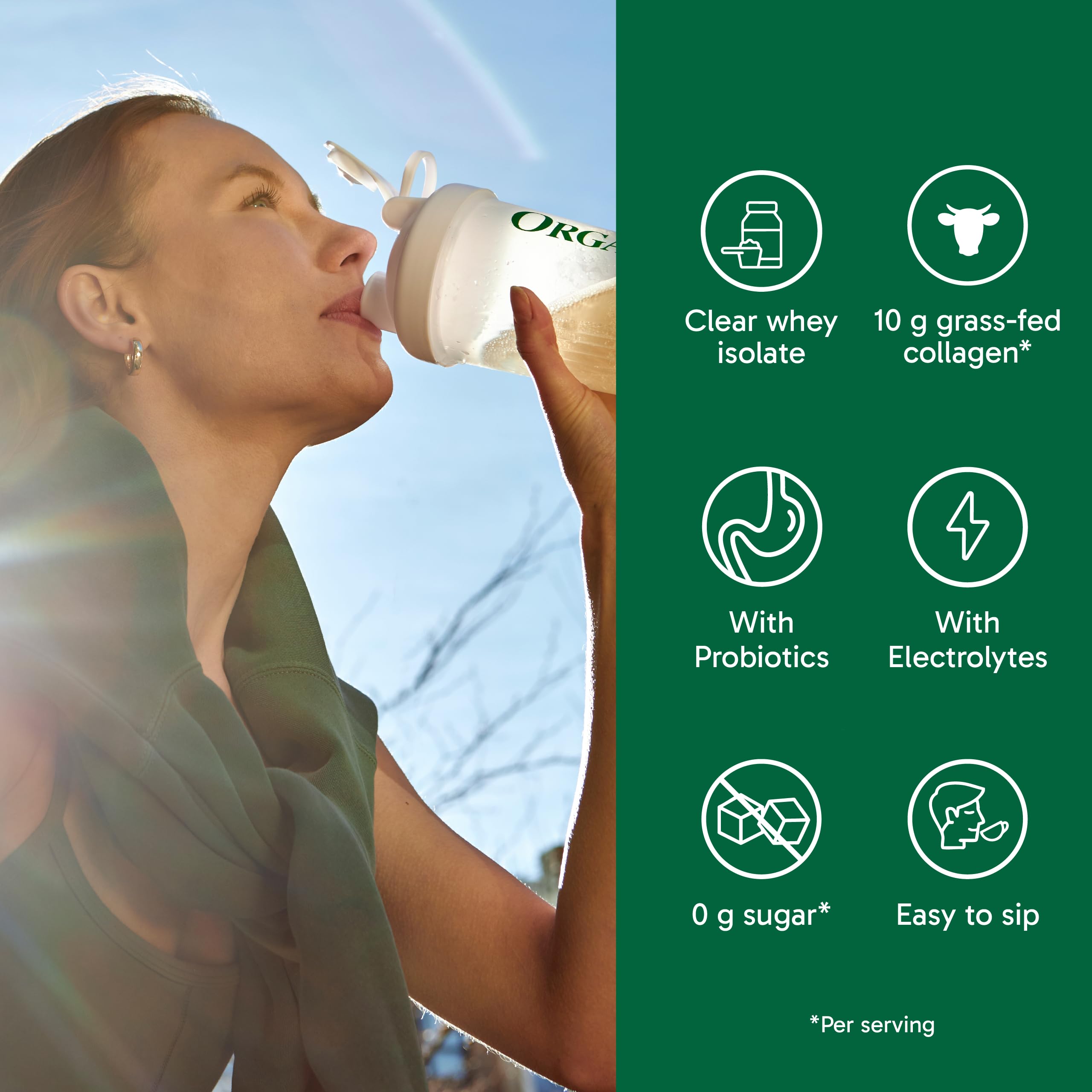 Organika bebida en vaso lista para beber, beneficio hidratación con proteína